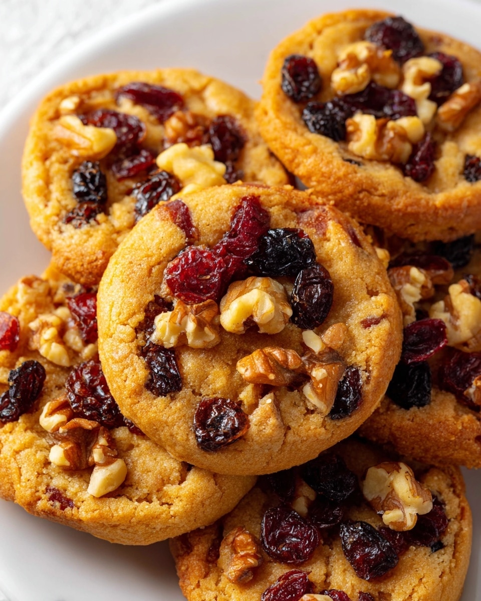 A close-up view of several round, golden-brown cookies with a slightly crumbly texture, each topped with a mix of dark raisins, red dried cranberries, and light brown walnut pieces that add a glossy and chunky look to the surface. The cookies are stacked closely together on a white plate, all placed on a white marbled texture surface. photo taken with an iphone --ar 4:5 --v 7