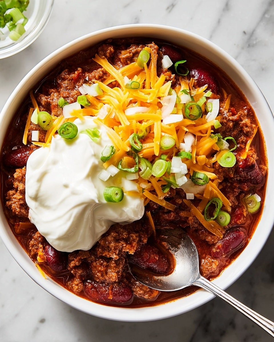 The image shows a bowl of chili topped with several layers and textures. The bottom layer is a thick, rich chili mix with ground beef, kidney beans, and a dark red sauce. On top of this, there is a layer of bright orange shredded cheddar cheese scattered evenly. Small chopped pieces of white onions and thin rings of fresh green scallions are sprinkled over the cheese, adding a fresh touch. A spoon is digging into the chili, lifting a scoop that includes all layers, and a large dollop of smooth, white sour cream sits partly over the chili near the spoon. The bowl is white, set against a white marbled surface. photo taken with an iphone --ar 4:5 --v 7