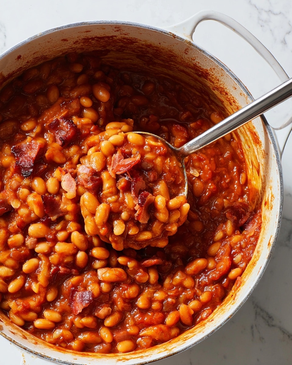 A close-up view inside a large white pot filled with thick baked beans in a rich reddish-brown sauce, showing a mix of soft white beans and chunks of cooked bacon or ham scattered throughout. A metal ladle with a long handle is scooping the beans from the pot, glistening with sauce that clings to the sides of the pot, which has light stains and marks from cooking. The background is a white marbled texture. photo taken with an iphone --ar 4:5 --v 7