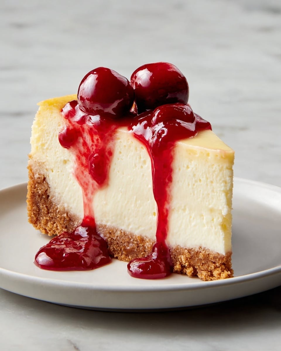 A slice of cheesecake with three distinct layers: a light brown, crumbly base at the bottom, a thick middle layer of creamy, pale yellow cheesecake filling with a smooth texture, and on top, two glossy and bright red cherries with thick cherry sauce dripping down the side, all placed on a white plate that sits on a white marbled surface. photo taken with an iphone --ar 4:5 --v 7