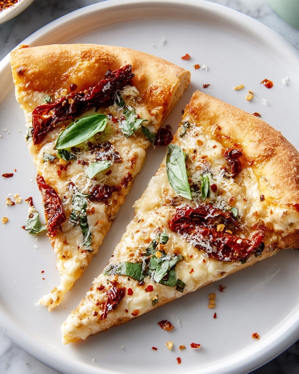 Two slices of pizza rest on a white plate with a smooth surface. The pizza has a thick golden-brown crust that looks soft and slightly crispy. The first layer is melted cheese, creamy and light golden, spread evenly on the thin pizza base. On top, there are sun-dried tomatoes, dark red and wrinkled, scattered around. Fresh green basil leaves add a pop of color, placed randomly on the cheese. Grated white cheese is lightly sprinkled over the top, and some red chili flakes are also scattered, adding texture and color contrasts. The plate sits on a white marbled surface with small bits of cheese and chili flakes around. Photo taken with an iphone --ar 4:5 --v 7