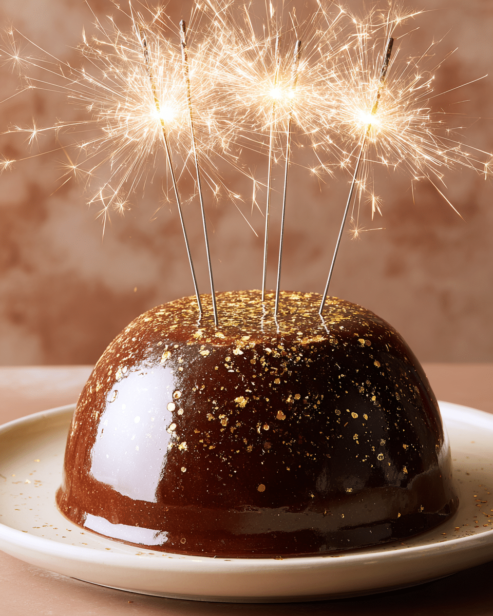 A shiny dark brown dome-shaped dessert sits on a white plate with a smooth surface, sprinkled evenly with small gold flakes that add a sparkling effect. Four thin sparklers are standing upright on top, burning brightly with white sparks that spread outwards creating a lively and festive display. The background shows a soft brown color, providing a warm tone to the image. The dessert’s glossy surface reflects light clearly, making it look smooth and rich in texture. Photo taken with an iphone --ar 4:5 --v 7