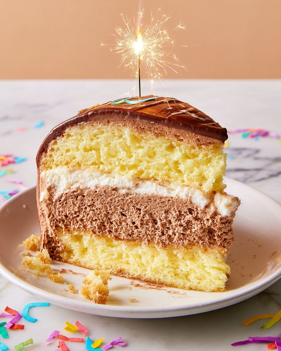 A single slice of cake on a white plate sits on a white marbled surface, with a sparkling candle on top. The cake has three clear layers: a bottom layer of light yellow sponge, a thick middle layer of smooth chocolate mousse in brown, and a top layer of light yellow sponge with a thin white cream layer just beneath a shiny, dark chocolate glaze covering the dome-shaped top. Crumbs are scattered lightly on the plate, and colorful confetti pieces lie nearby. The background is a soft peach color. Photo taken with an iphone --ar 4:5 --v 7