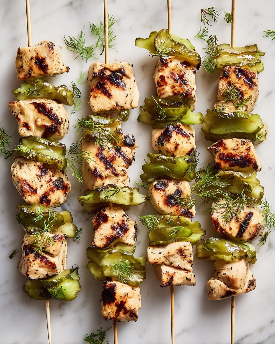The image shows six wooden skewers each loaded with grilled chicken pieces and green pickles, arranged in two rows on a white marbled surface. Each skewer has about six to eight chunks of light brown grilled chicken with visible char marks, alternating with slices of wavy-edged green pickles. Small green herb sprigs are scattered gently on and around the skewers, adding a fresh touch to the scene. The chicken looks juicy and well-cooked, and the pickles have a shiny, slightly translucent texture, giving a contrast of colors and textures. photo taken with an iphone --ar 4:5 --v 7