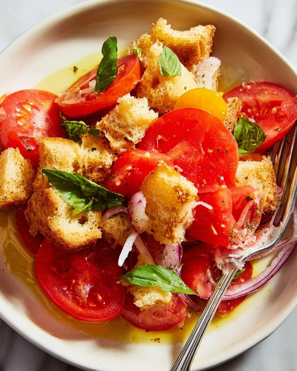 The dish shows a white plate filled with a fresh salad made of three main layers: large, juicy red tomato slices with visible seeds and slight shine on top, golden brown crispy croutons with a rough texture and irregular shapes mixed throughout, and small bright green basil leaves scattered lightly between the tomatoes and croutons. Some thinly sliced pale purple onions peek through near the bottom layer, adding more color variation. The salad is drizzled with shiny olive oil, creating a glossy finish, and a silver fork rests on the right side of the plate. The scene is set on a white marbled surface. photo taken with an iphone --ar 4:5 --v 7