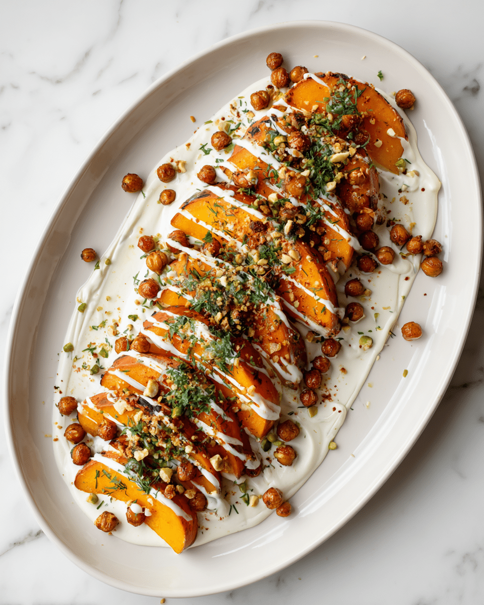 This image shows a white oval plate filled with layers of food arranged neatly. The bottom layer is a smooth, creamy white sauce spread evenly on the plate. On top of this sauce are multiple pieces of roasted orange pumpkin wedges, each with slight charring on the edges, stacked in a somewhat overlapping manner running lengthwise along the plate. Generously scattered on and around the pumpkin wedges are numerous small, round, brown roasted chickpeas. The entire dish is drizzled with thin white sauce lines running across from edge to edge. Small green herbs and crushed nuts are sprinkled lightly over the chickpeas and pumpkin, adding color contrast. The plate rests on a white marbled surface. photo taken with an iphone --ar 4:5 --v 7