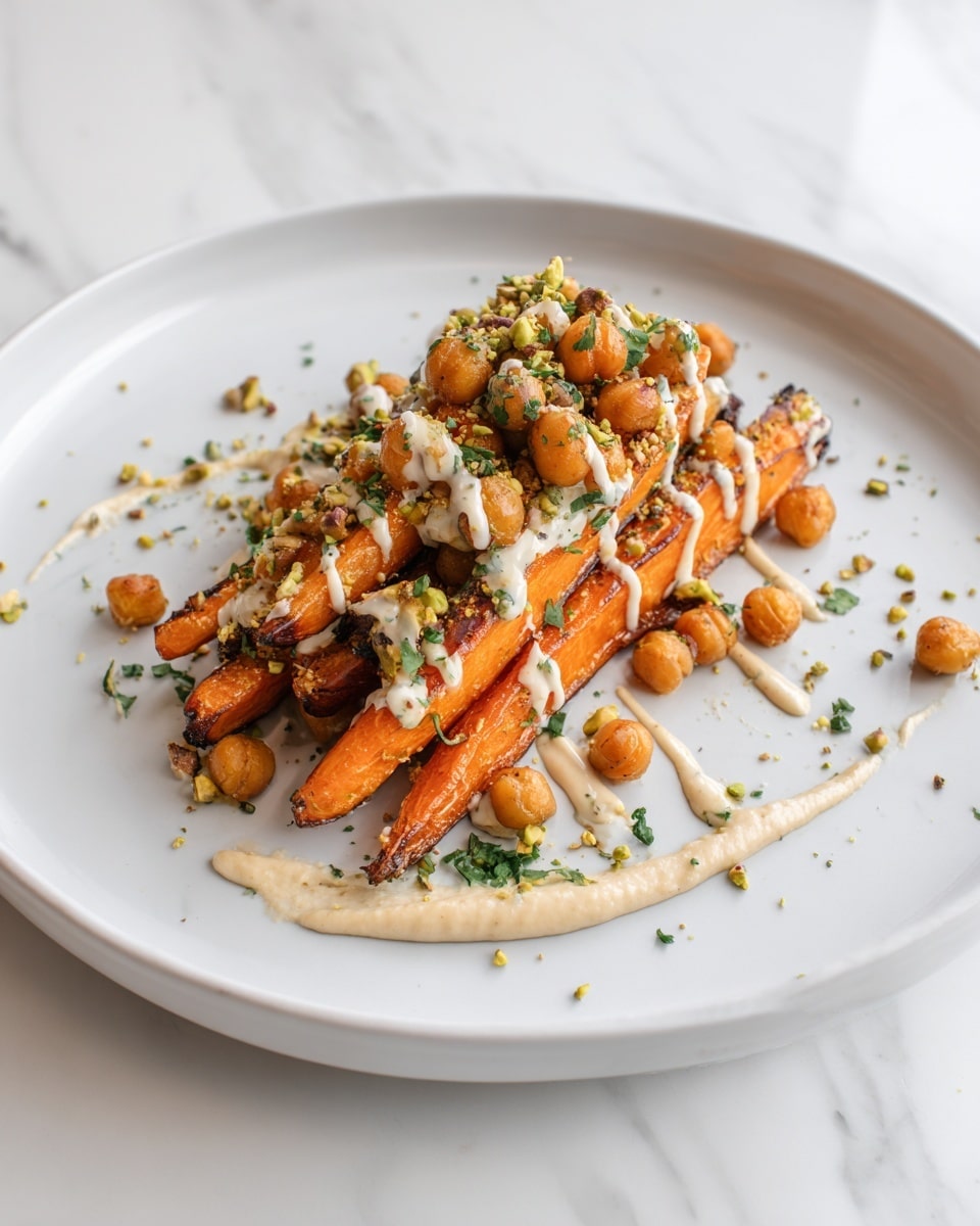 The dish shows a white plate holding several thick, orange roasted carrot wedges with slight char marks, arranged in layers that overlap each other. On top, there is a generous layer of golden-brown roasted chickpeas scattered evenly. A creamy white sauce is drizzled over the carrots and chickpeas in thin stripes. Small green chopped herbs and crushed pistachios are sprinkled lightly over the whole dish. At the base, there is a smooth spread of a creamy, light beige sauce that partly pools around the carrot wedges. The plate rests on a white marbled surface. photo taken with an iphone --ar 4:5 --v 7