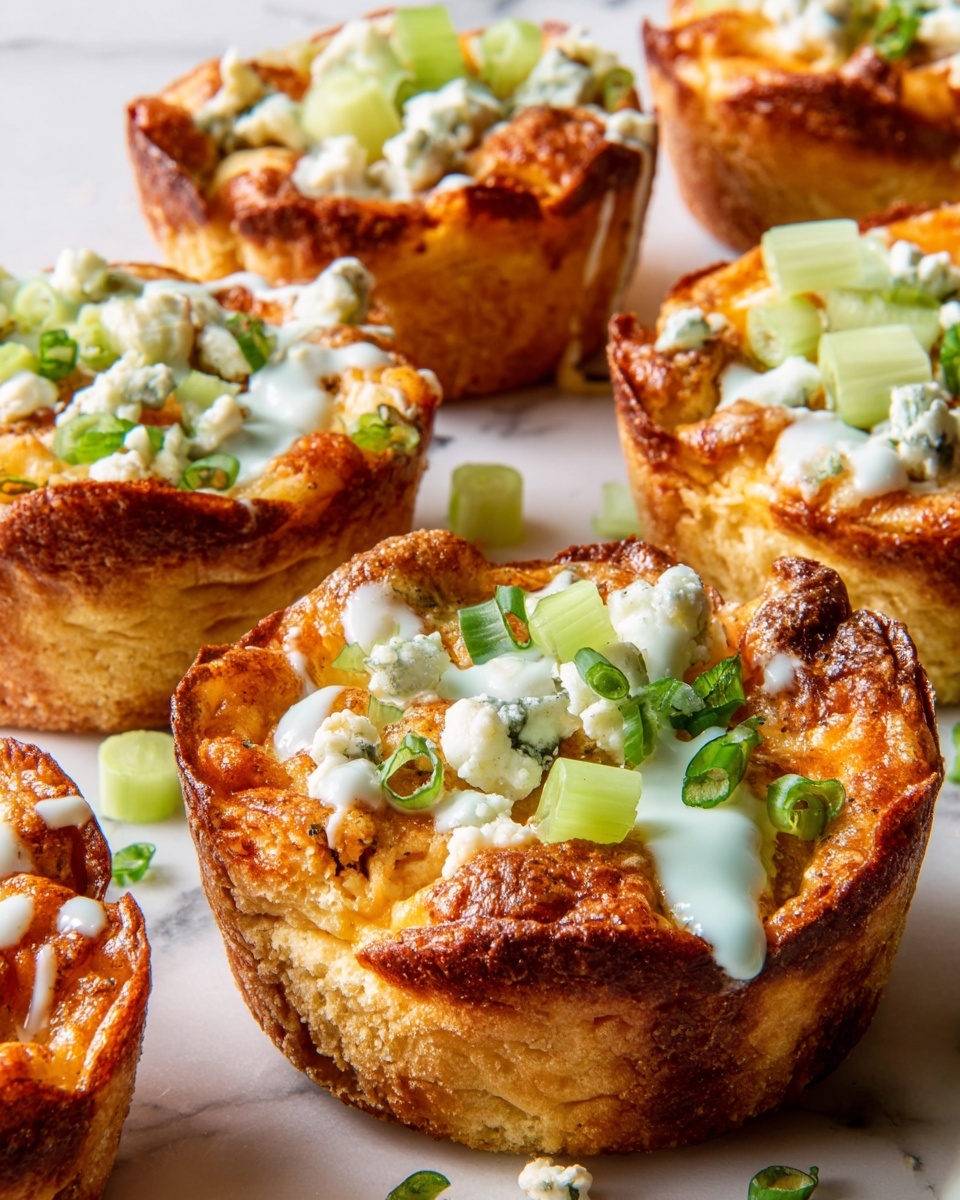 The image shows twelve round savory muffins arranged in a grid on a white marbled surface. Each muffin has a golden-brown crust with visible textured chunks of baked ingredients, topped with light green celery slices and small crumbles of white cheese. White creamy sauce is drizzled on top in thin, uneven lines across each muffin, and small chopped green herbs are sprinkled over all the muffins and the surface around them, adding a fresh touch. The muffins appear moist and slightly crispy on the edges. Photo taken with an iphone --ar 4:5 --v 7