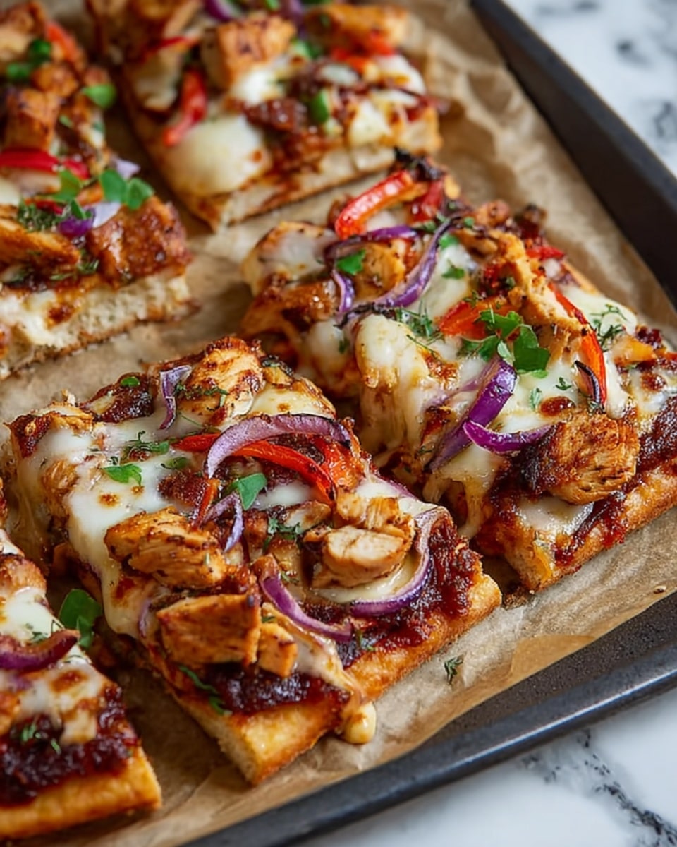 The image shows several pieces of square pizza with a thick crust base colored light golden brown. A dark reddish-brown layer of sauce lies just above the crust, topped by melted white cheese that looks soft and bubbly. On top, there are large chunks of grilled, browned chicken, thin slices of red bell pepper, and rings of purple onion scattered evenly. Small green herb pieces are sprinkled across the pizza adding a fresh touch. The pizzas are placed on brown parchment paper on a dark tray, which sits on a white marbled surface. Photo taken with an iphone --ar 4:5 --v 7