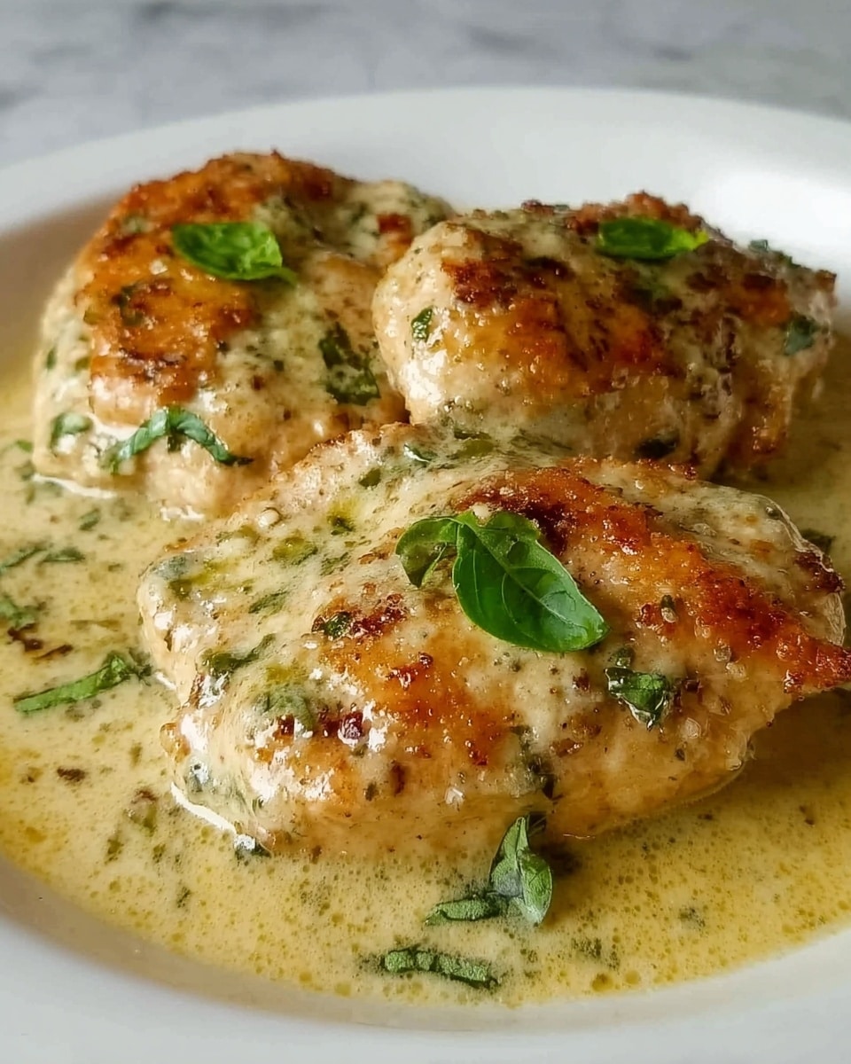 Three pieces of cooked chicken with golden-brown, crispy edges lie on a white plate. The chicken is covered in a light, creamy sauce with small green herb bits scattered on top. The sauce pools around the chicken with a slightly glossy texture, showing hints of fresh green leaves adding a touch of color. The chicken pieces have a lightly uneven surface with visible seasoning and herbs. The plate sits on a white marbled surface. photo taken with an iphone --ar 4:5 --v 7