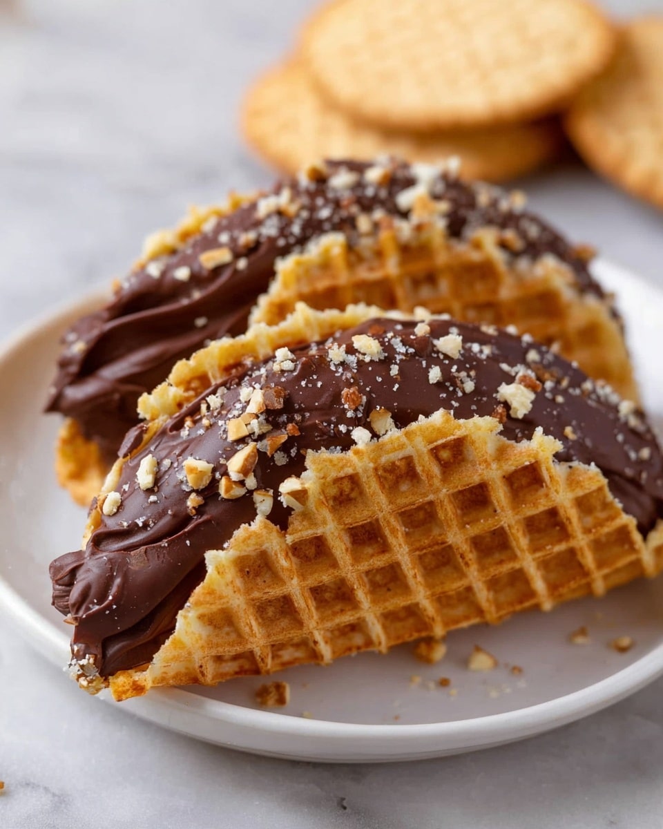 Two waffle tacos are placed on a white plate with a white marbled surface underneath. Each taco shell is golden brown with a grid pattern, folded into a taco shape. The outer edges of the waffle shells are dipped in dark chocolate with a slightly rough texture, then sprinkled with small pieces of chopped nuts in light cream and beige tones. In the background, a few plain waffle cookies lie flat, slightly blurred for depth. The focus is sharp on the two chocolate-covered waffle tacos, highlighting their crunchy texture and rich toppings. photo taken with an iphone --ar 4:5 --v 7