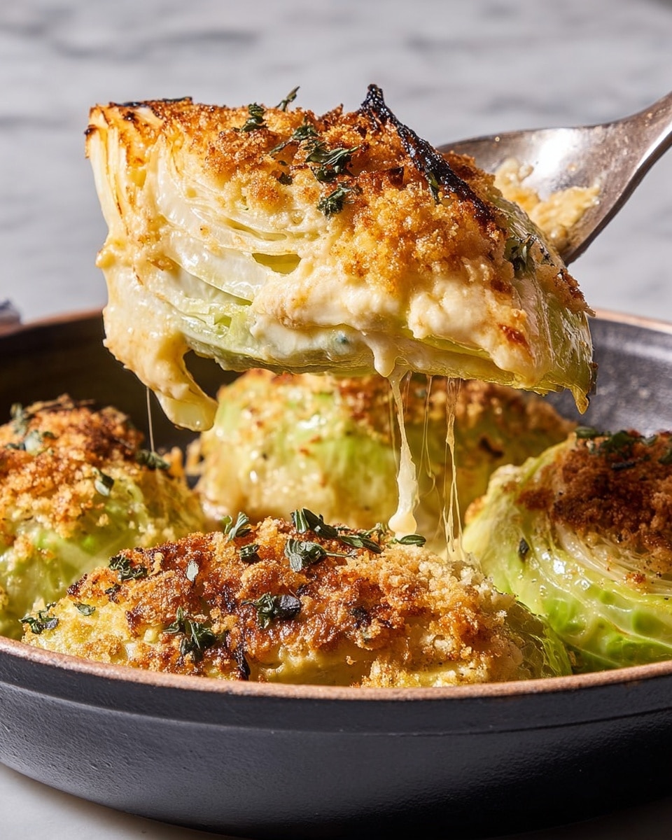 The dish shows a thick wedge of baked cabbage held on a silver spoon above a black pan. The wedge has three main layers: the top is golden brown with toasted crispy crumbs and small green herb sprigs, slightly charred in spots; the middle layer is creamy and pale yellow, with melted cheese stretching slightly; the bottom layer is a bright green cabbage leaf with a smooth, cooked texture. The pan below holds more similar wedges of cabbage, all browned and crumb-topped. The background is a white marbled texture. Photo taken with an iphone --ar 4:5 --v 7