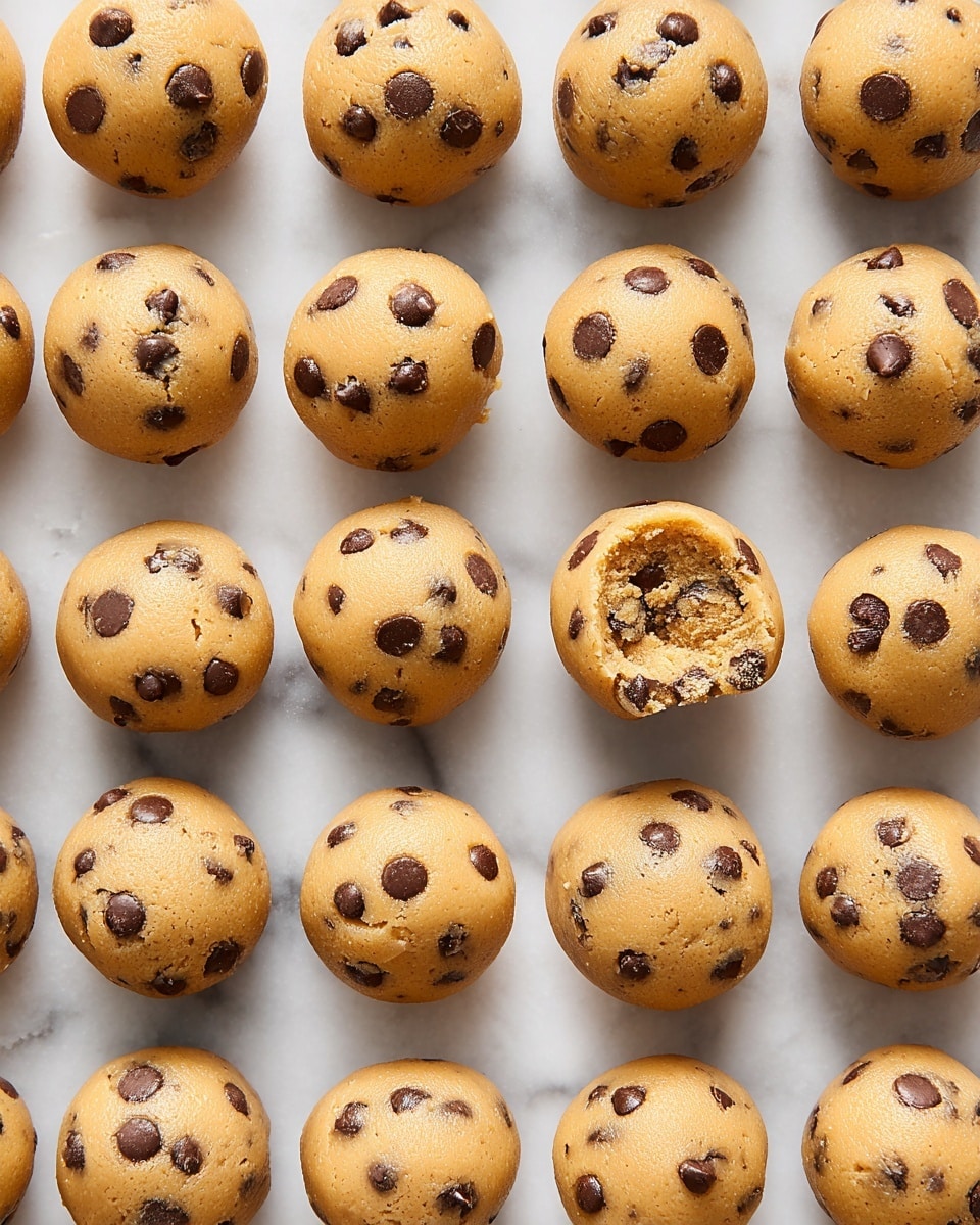 The image shows 35 small round cookie dough balls placed in a neat grid on a white marbled surface. Each ball has a light brown dough color with many dark brown chocolate chips visible on the surface. The dough balls are evenly spaced, and one in the middle row near the right is bitten, revealing a soft, slightly crumbly inside with chocolate chips embedded. The texture of the dough looks smooth and moist. photo taken with an iphone --ar 4:5 --v 7