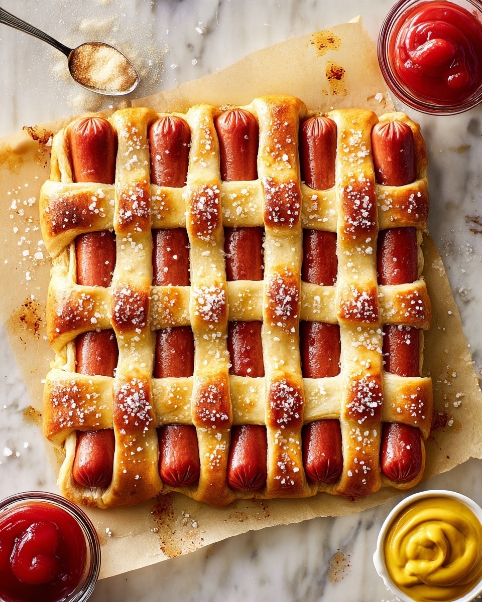 The image shows a square lattice of golden-brown baked dough woven over and under bright red cooked hot dogs, arranged in parallel rows. The dough strips are thick and soft-looking, with a sprinkled layer of large salt crystals on top that adds texture and shine. The hot dogs are juicy and slightly wrinkled, peeking through the gaps between the dough strips. The lattice sits on a piece of parchment paper with faint brown bake marks, placed on a white marbled surface. Around it are small white round bowls; one contains glossy red ketchup, and the other has smooth yellow mustard. Photo taken with an iphone --ar 4:5 --v 7