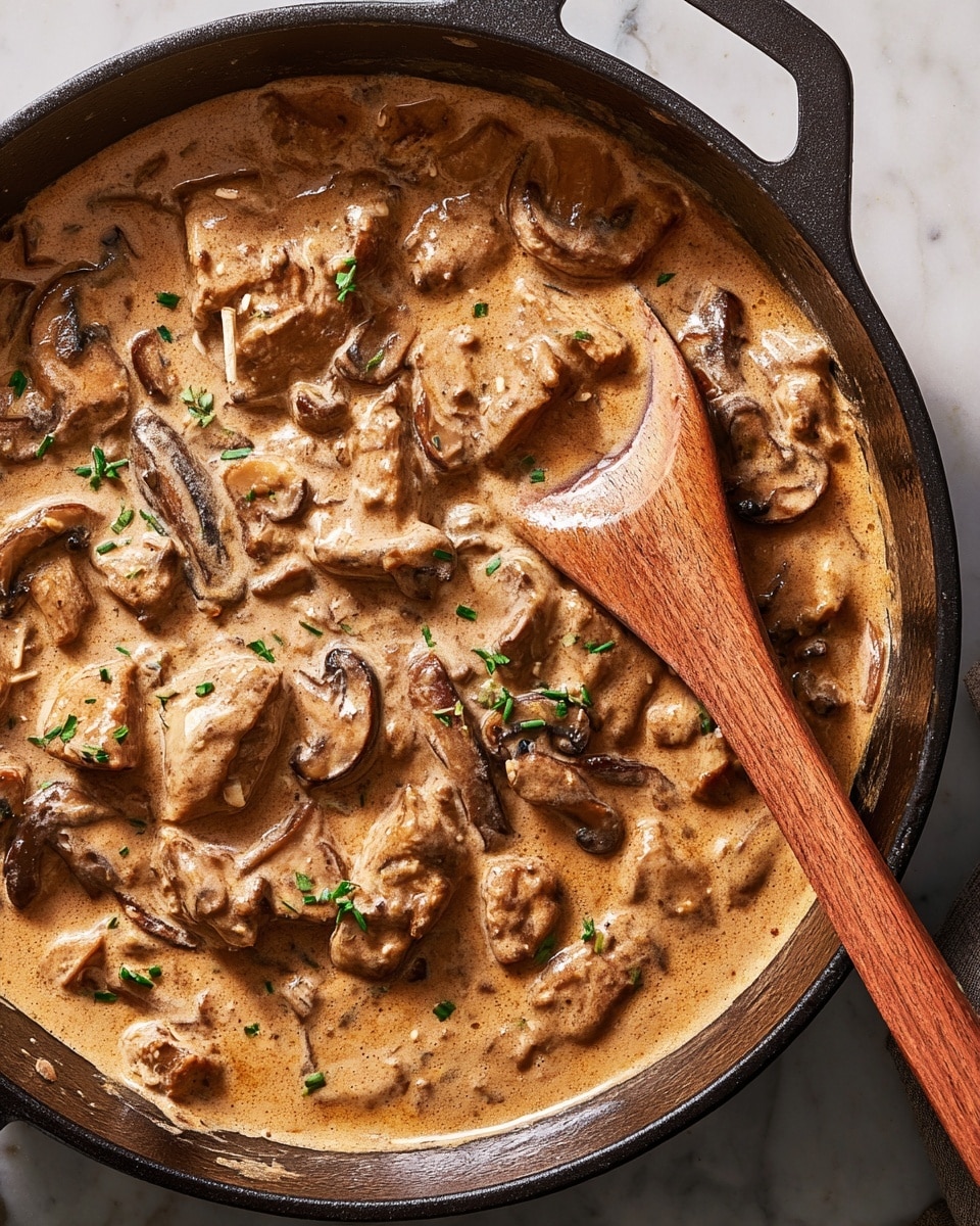 The image shows a close-up of a creamy dish in a cast iron pan, thick and light brown in color with visible pieces of tender meat and sliced brown mushrooms mixed evenly throughout. Small green herb bits are sprinkled on top, adding a touch of brightness. A wooden spoon rests in the pan, partially covered with the rich sauce, showing a smooth and velvety texture. The pan sits on a white marbled surface, enhancing the warm tones of the dish. photo taken with an iphone --ar 4:5 --v 7