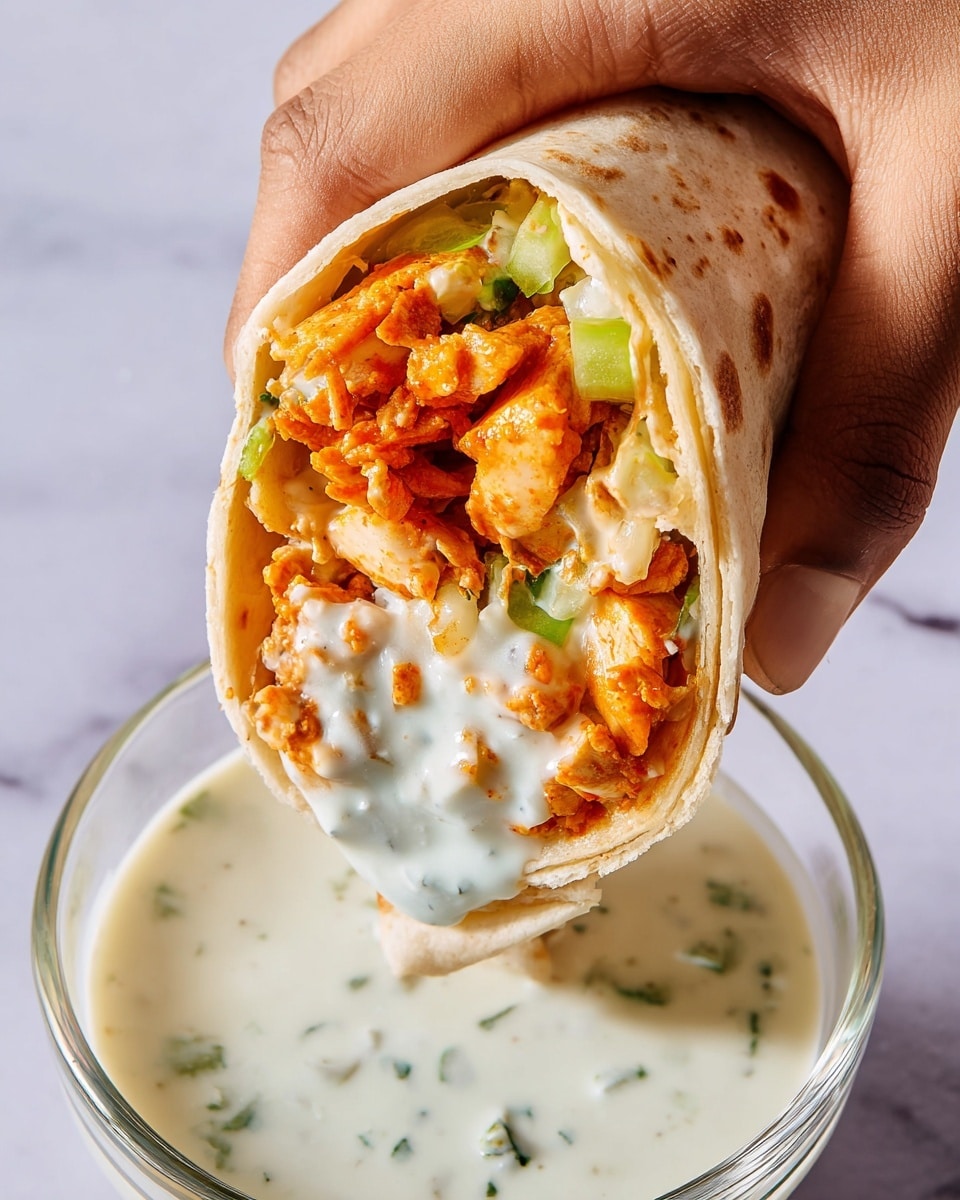 A close-up of a wrapped tortilla held by a woman's hand, showing three visible layers inside: a soft, light brown tortilla on the outside, a middle layer of white creamy sauce with small green herb bits, and an inner layer of orange-red crispy pieces mixed with light green celery bits. The wrap is dipped into a glass bowl of thick, white creamy sauce with specks of herbs, placed on a white marbled surface. The whole scene is brightly lit, highlighting the textures of the wrap and sauce. photo taken with an iphone --ar 4:5 --v 7
