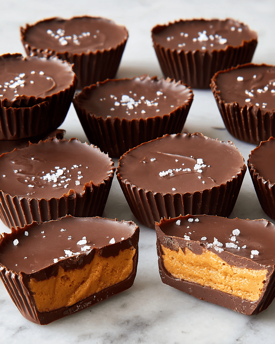 A stack of four chocolate peanut butter cups sits on a white marbled surface. Each cup has three layers: a thick dark brown chocolate outer shell with a textured, crinkled edge, a smooth, light golden tan peanut butter center, and a thin top layer of glossy chocolate sprinkled with coarse white sea salt flakes. One cup on top is cut in half, showing the creamy peanut butter filling inside. Some chocolate and salt crumbs are scattered on the surface around the stack. Photo taken with an iphone --ar 4:5 --v 7