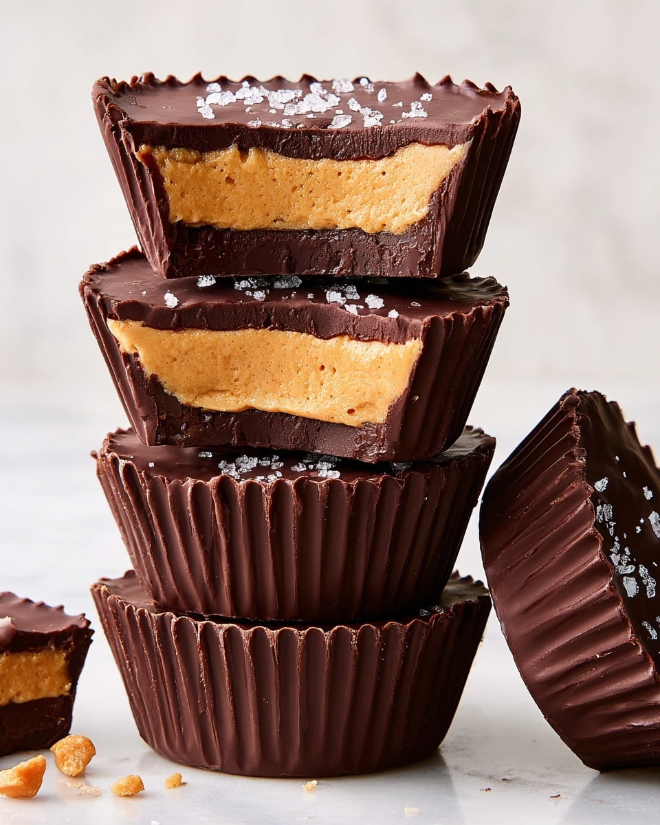 The image shows multiple chocolate peanut butter cups arranged close together on a white marbled surface. Each cup has two layers: a thick, smooth dark brown chocolate layer on top with a slightly wavy edge and scattered white salt flakes, and a solid light orange peanut butter layer inside, visible especially in two cups that are cut in half at the front. The peanut butter layer is dense and textured, contrasting with the glossy chocolate shell that forms the sides and base. The edges of the chocolate shell are ridged, creating a crinkled effect all around the cups. Photo taken with an iphone --ar 4:5 --v 7