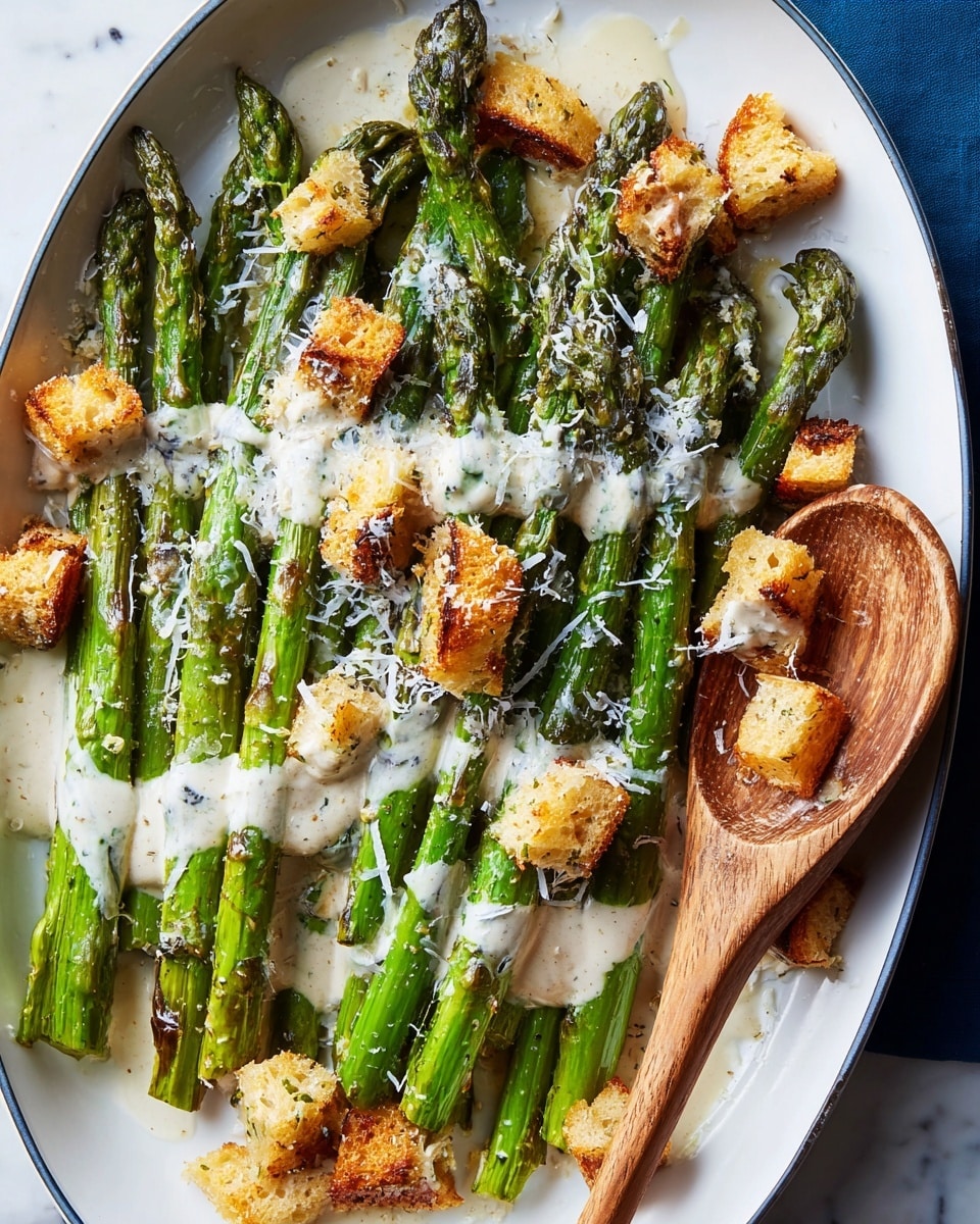 A white plate with a single layer of grilled green asparagus spears arranged side by side, each with slight char marks. On top of the asparagus, there are small pieces of golden-brown toasted bread scattered evenly. A creamy white sauce is drizzled generously over the asparagus and bread pieces, with finely grated white cheese sprinkled on top. The plate rests on a white marbled surface, and next to it is a small white bowl filled with the same creamy sauce, speckled with black pepper. photo taken with an iphone --ar 4:5 --v 7