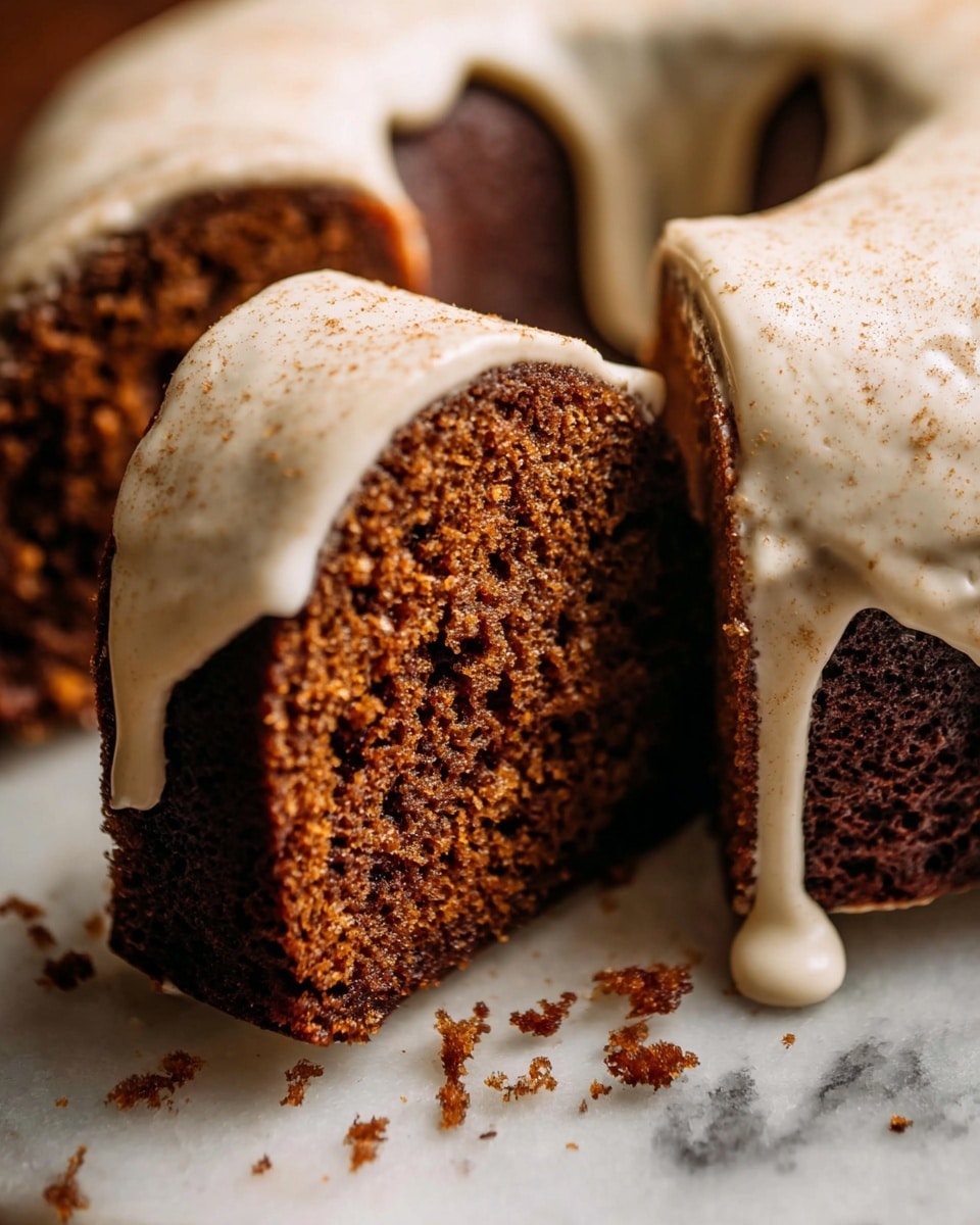 A close-up of a sliced bundt cake with one slice pulled forward, showing two layers: a dense, moist dark brown cake with a rough crumb texture and a thick layer of smooth, creamy white icing drizzled over the top edge of the slice, slightly dripping down onto a white marbled surface below. The bundt cake has a ring shape with an empty center and the icing is lightly sprinkled with a fine dusting of light brown spice. Small crumbs are scattered on the surface around the cake. Photo taken with an iphone --ar 4:5 --v 7