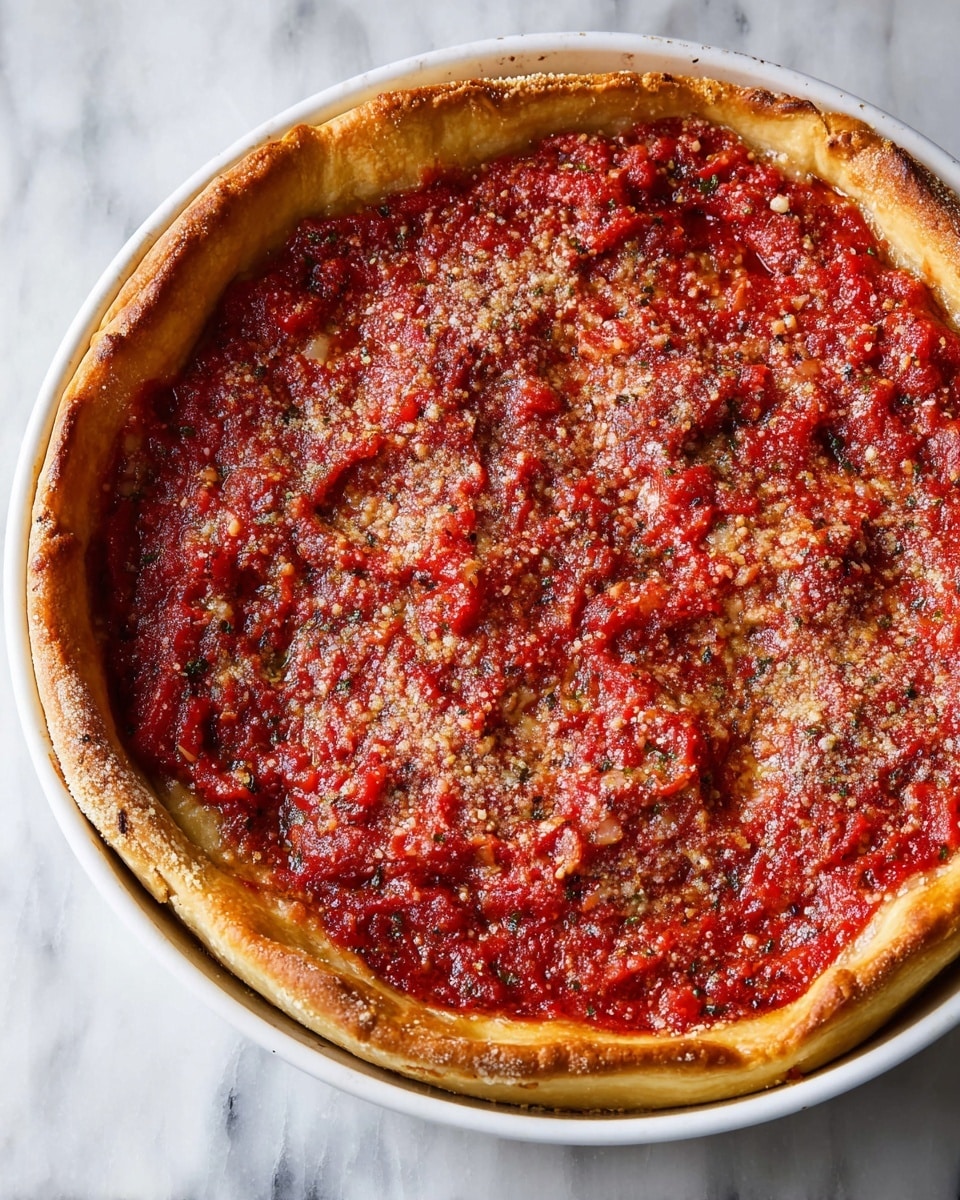 The image shows a deep-dish pizza in a white pan with a thick, golden-brown crust around the edges. The pizza has a top layer of chunky red tomato sauce sprinkled evenly with grated cheese that looks slightly melted and browned. The sauce layer is textured with bits of tomato and herbs, covering the entire top surface inside the crust. The pan is set on a white marbled surface. photo taken with an iphone --ar 4:5 --v 7