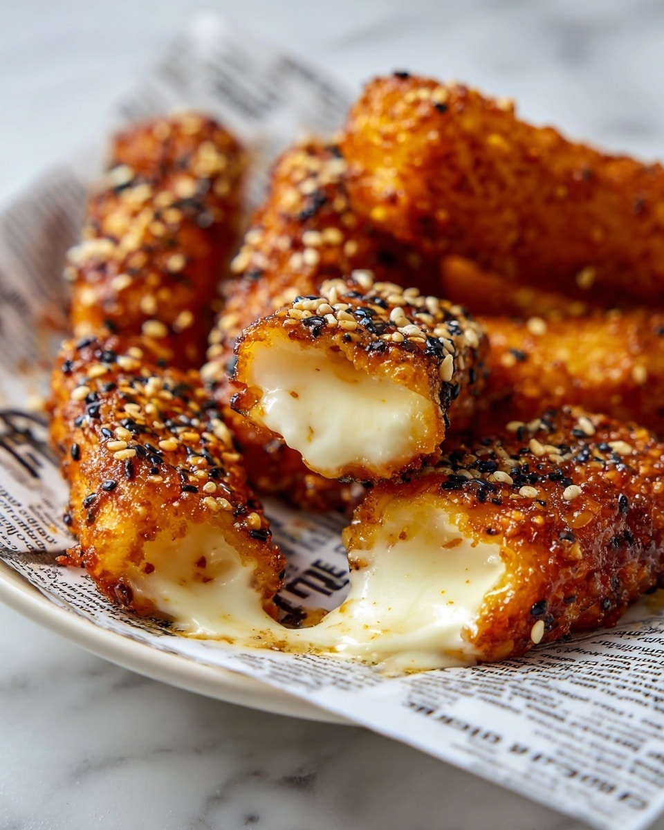 The image shows several pieces of sticky, glazed fried rolls coated thickly in a shiny dark orange sauce. Each roll is sprinkled generously with a mix of black and white sesame seeds, giving a textured look. The rolls are arranged close together on a piece of white paper printed with black text and simple images, placed on a white marbled surface. The color of the sauce is deep and glossy, with the rough texture of the fried roll base visible beneath. The photo focuses up close on the layers and shiny coating, showcasing the contrast between the orange glaze and the seeds. photo taken with an iphone --ar 4:5 --v 7