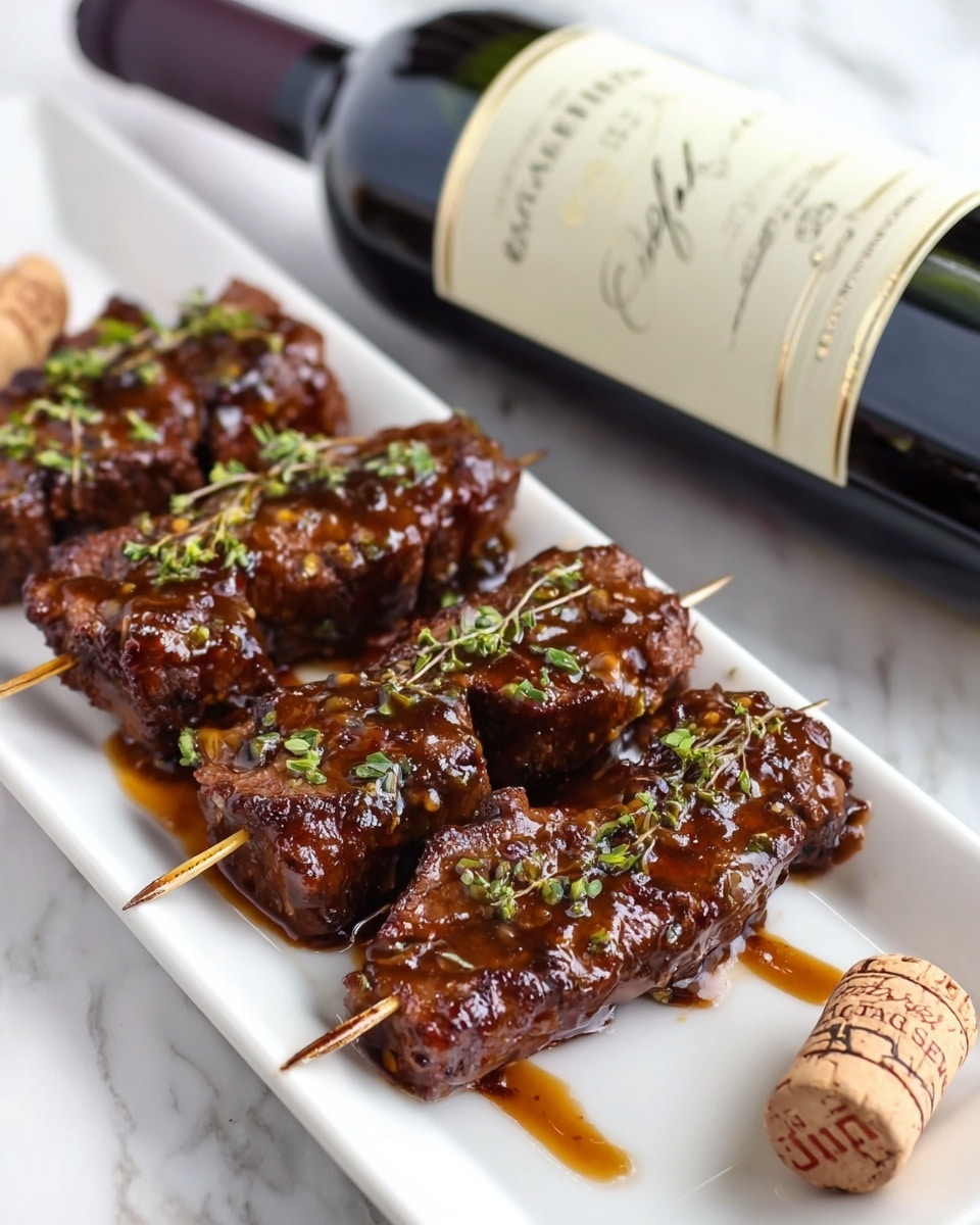 Three metal skewers with thick, juicy grilled beef pieces covered in a shiny brown glaze are placed in a row on a white rectangular plate. The beef is sprinkled with small green herbs, adding a fresh touch. The plate sits on a white marbled surface. Behind the plate, there is a bottle of red wine lying sideways with a cream-colored label and a wine cork in front of the plate, also on the white marbled surface. photo taken with an iphone --ar 4:5 --v 7