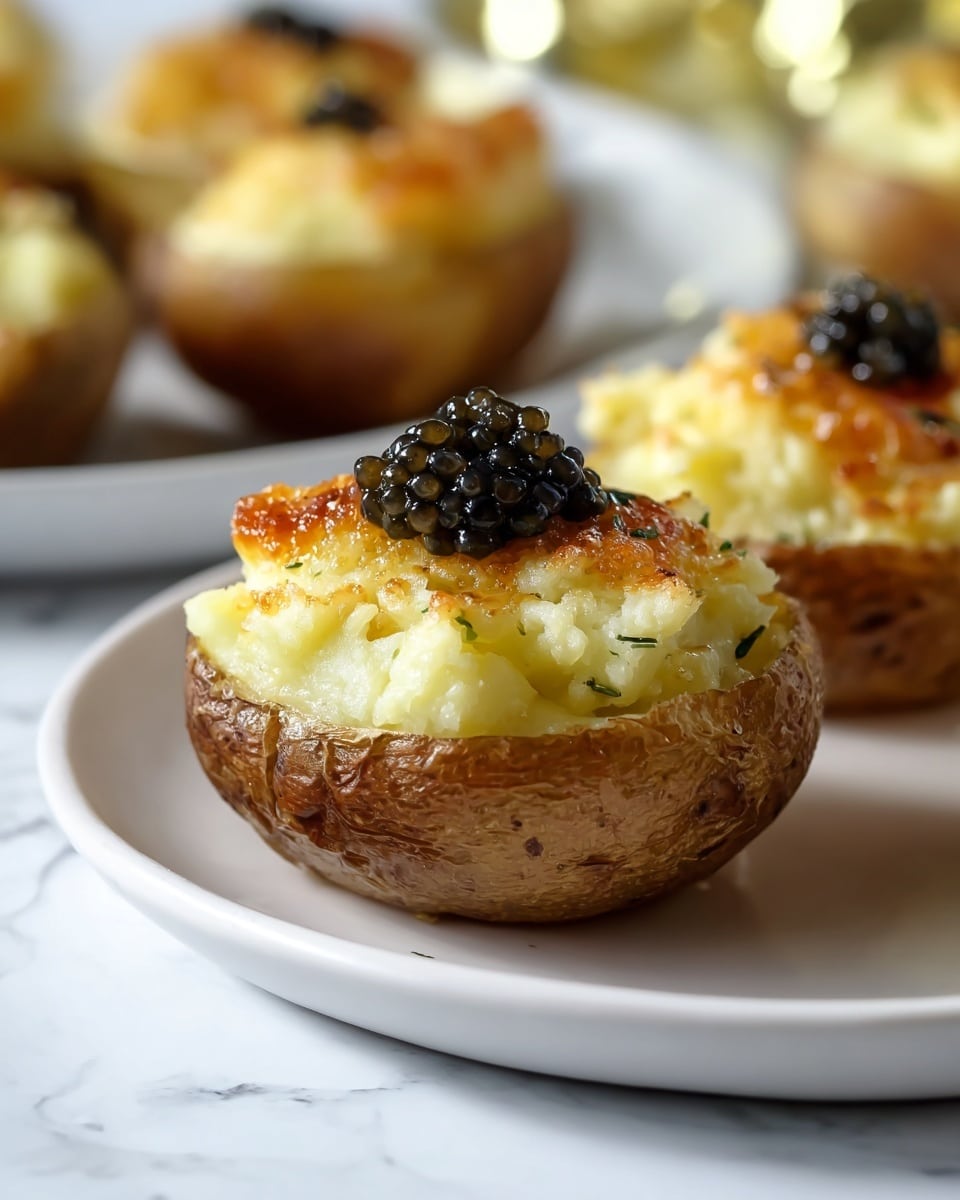 The image shows five small baked potatoes on a white plate with a white marbled surface underneath. Each potato is hollowed out and filled with a golden-yellow mashed potato mixture that looks creamy and slightly browned on top. The potato in the front center has a shiny, dark black caviar mound placed neatly on top of the mashed potato layer. The potato skins are light brown with small black specks and appear slightly crispy with some grilled marks. The background is softly blurred but contains hints of green and other neutral colors, giving a fresh and clean feel. Photo taken with an iphone --ar 4:5 --v 7