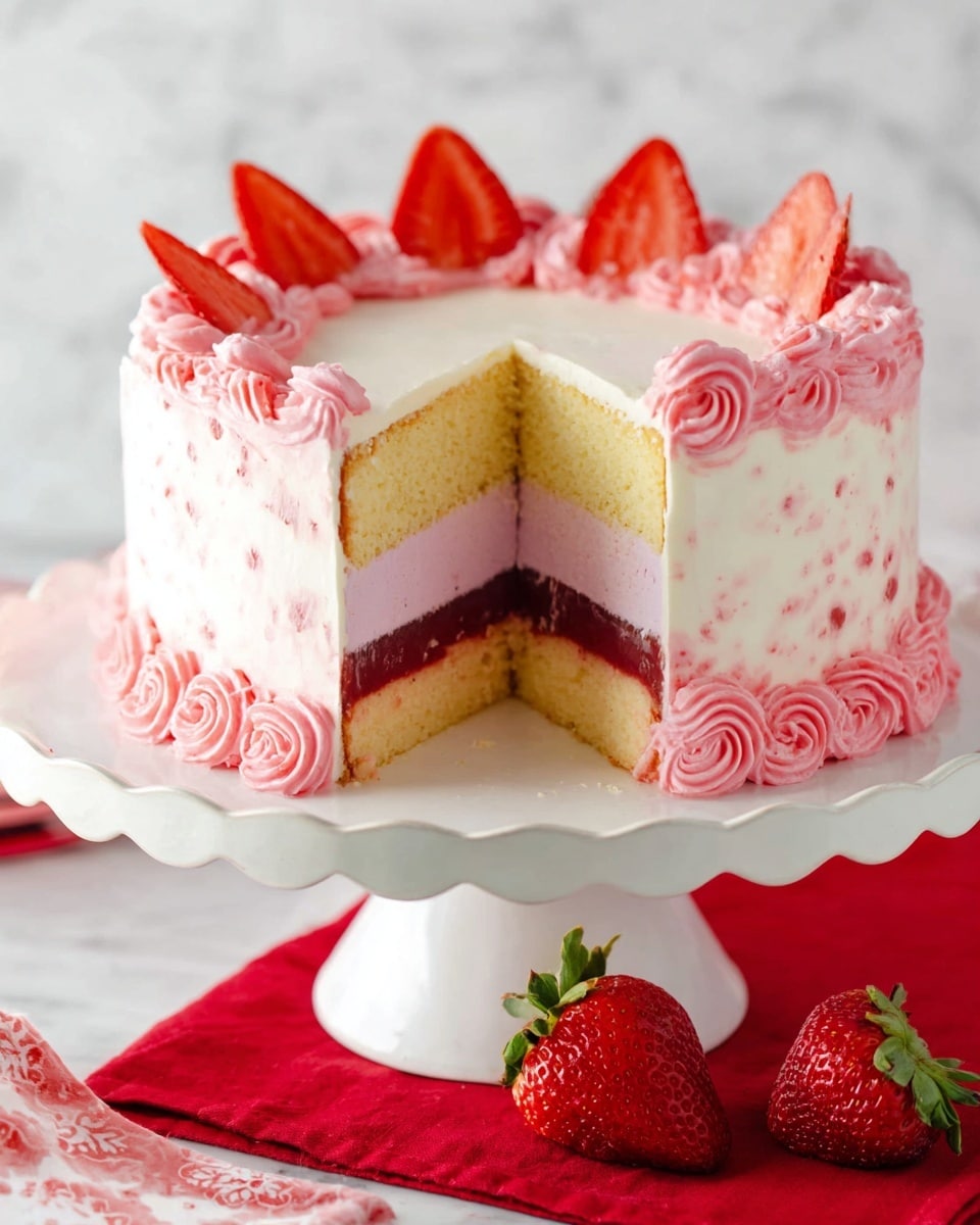 A round cake with three visible layers sits on a white cake stand with a wavy edge. The bottom layer is a dense, light yellow sponge cake. Above that is a thin, smooth, dark red jelly layer. The next and thickest layer is light pink with small darker spots, likely fruit pieces, showing a creamy texture. The whole cake is frosted smoothly in white icing. Around the top edge is a thick pink piped border with swirls. Fresh sliced strawberries stand upright around the base, nestled in a pink piped border that matches the top. The cake stand rests on a red cloth with two halved strawberries in front, all on a white marbled surface. Photo taken with an iphone --ar 4:5 --v 7