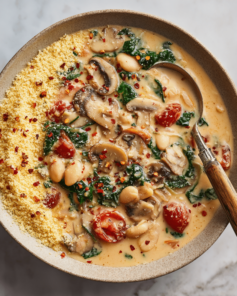 A creamy soup with a thick, light beige base fills the image, showing chunks of white beans, sliced mushrooms, wilted green spinach, and bright red cherry tomatoes scattered throughout. On the left side, there is a topping of fine yellow cornmeal and grated cheese sprinkled with small red chili flakes, adding texture and color contrast. A metal spoon with a wooden handle is partially dipped in the soup on the right side, its surface shiny and smooth. The whole dish rests on a white marbled texture, highlighting the warm and rich colors of the soup. photo taken with an iphone --ar 4:5 --v 7