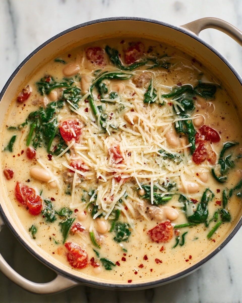 This image shows a creamy soup in a pot with a thick, beige base. The soup contains small white beans scattered throughout, bright red grape tomatoes, wilted dark green spinach leaves, and pieces of light brown sausage. There are bits of red pepper flakes and a generous layer of grated light yellow cheese sprinkled on top. The texture of the soup looks smooth and rich, with a mix of solid and creamy elements evenly spread inside the pot, which is sitting on a white marbled surface. photo taken with an iphone --ar 4:5 --v 7