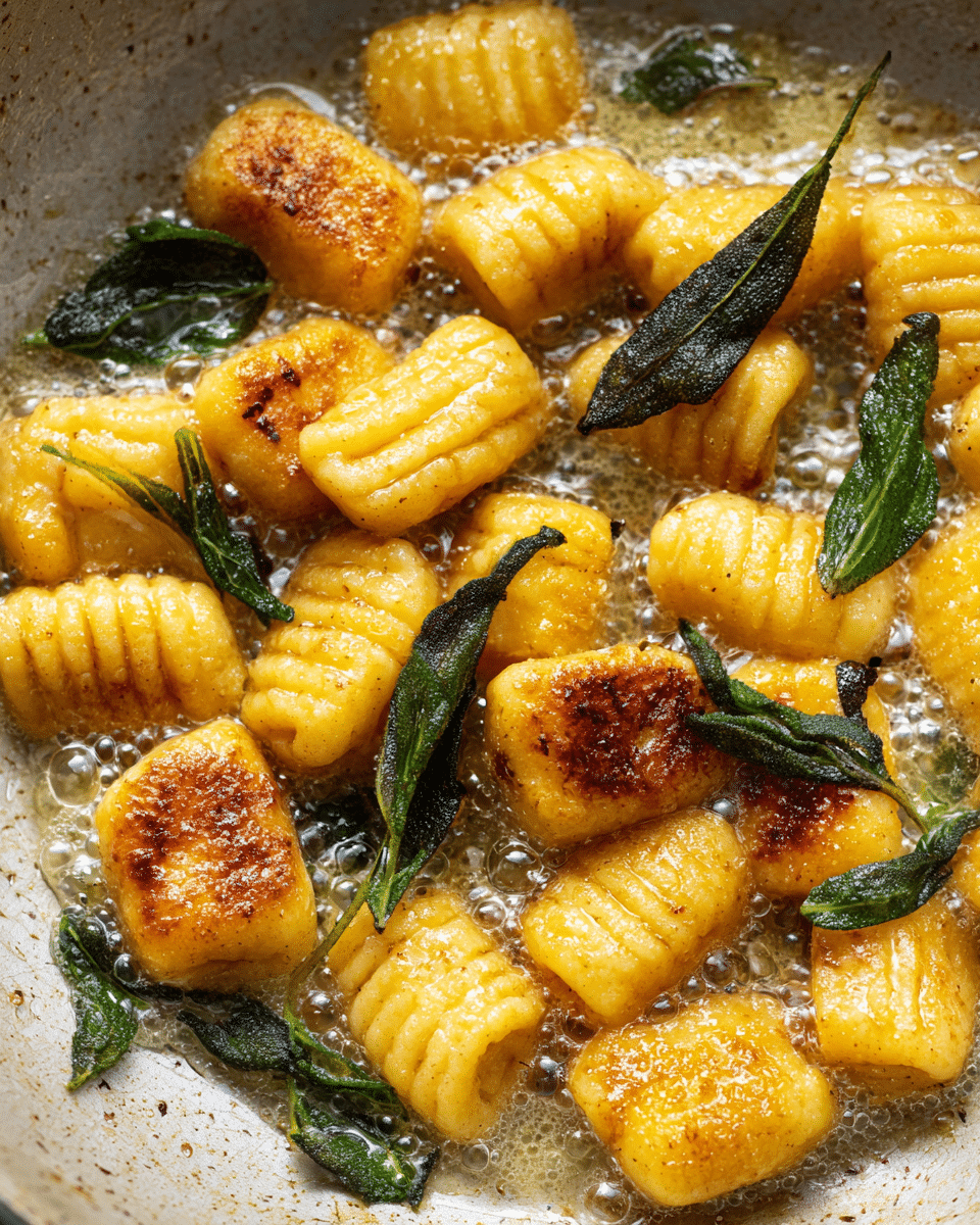 The image shows small golden-brown gnocchi pieces frying in a pan filled with bubbling butter. The gnocchi pieces have a slightly crispy texture with a warm yellow-orange color and small ridges on their surface. Scattered around the gnocchi are dark green sage leaves, some flat and some curled, adding contrast to the golden tones. The pan has a rustic, light-colored surface with visible texture. The photo is close up, capturing the glistening butter bubbles and the glossy finish on the crispy gnocchi. photo taken with an iphone --ar 4:5 --v 7