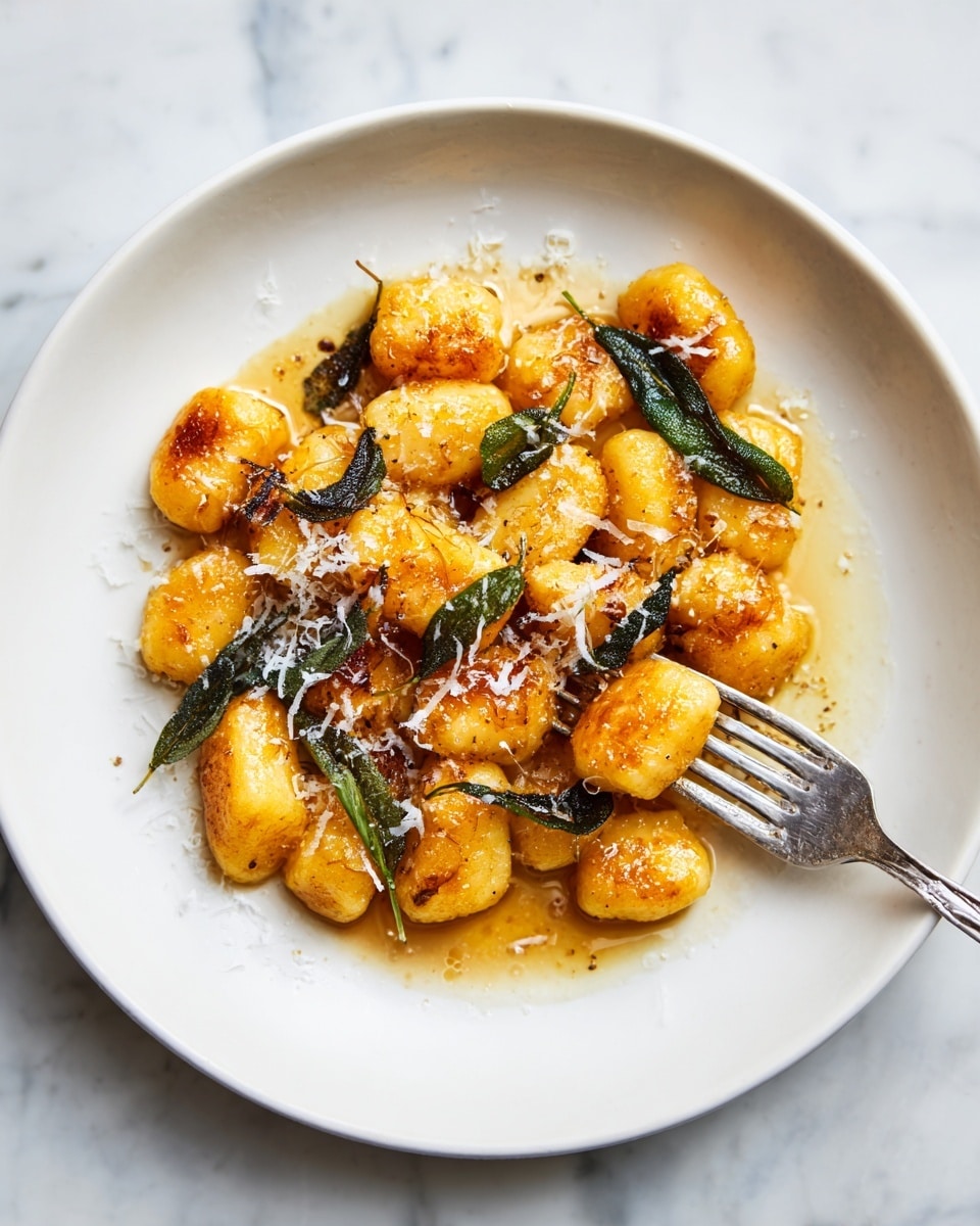 A white plate sits on a white marbled surface, holding a serving of golden brown gnocchi with a slightly crispy texture. The gnocchi pieces are scattered unevenly, some stacked lightly on top of each other. Dark green fried sage leaves are placed around the gnocchi, adding contrast in color. A light sauce with a glossy appearance pools gently around the gnocchi on the plate. Finely grated white cheese is sprinkled over the gnocchi, with small amounts melting and blending into the sauce. A silver fork holds one piece of gnocchi on the right side of the plate. photo taken with an iphone --ar 4:5 --v 7