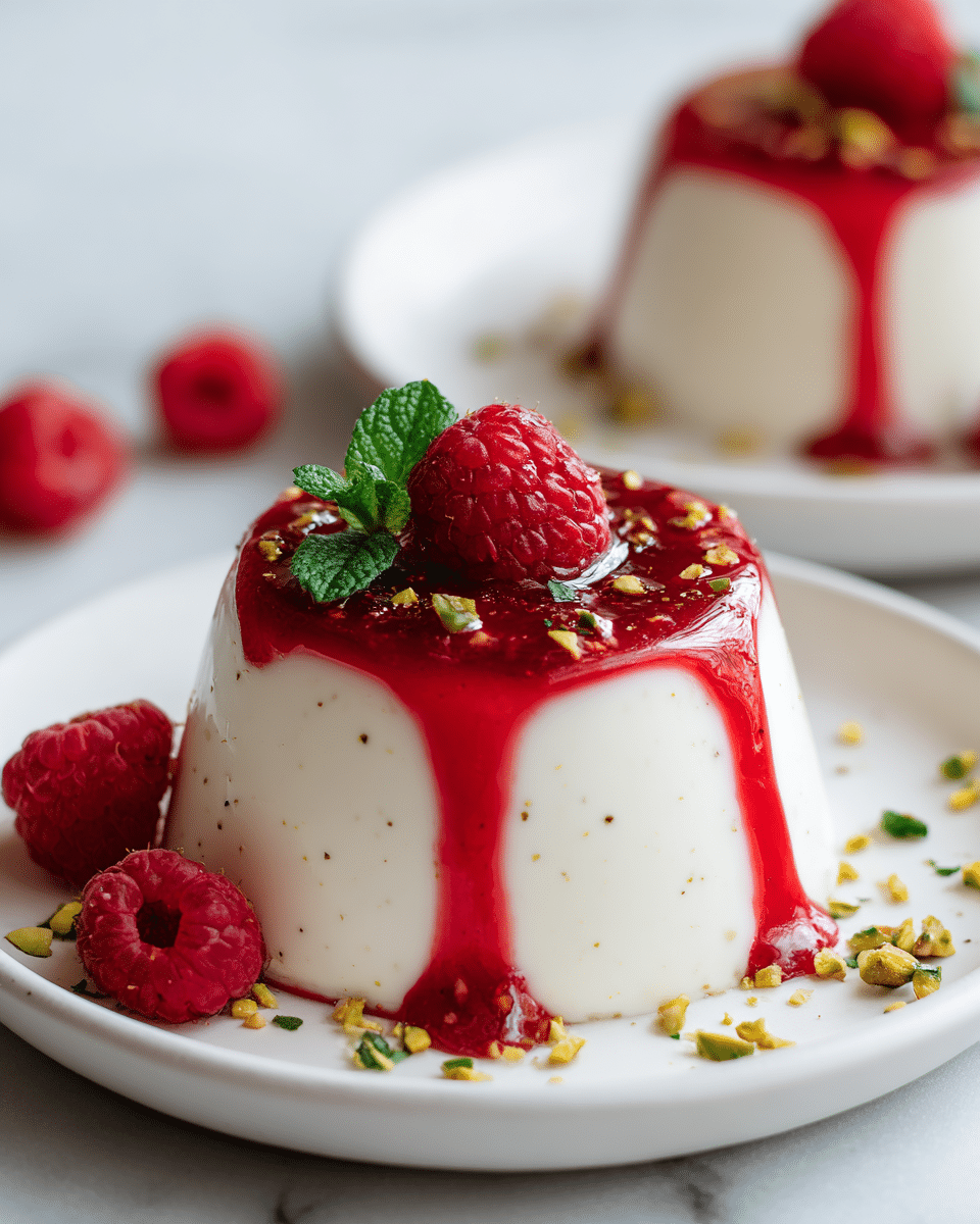 The image shows a smooth, white panna cotta dessert with visible vanilla bean specks, sitting in the center of a white plate on a white marbled surface. The panna cotta is topped with a layer of bright red raspberry sauce that drips down the sides, creating two distinct streams. On top of the sauce, there is one fresh raspberry and a small green mint leaf. Finely chopped pistachios are sprinkled over the sauce and around the base of the panna cotta on the plate. In the background, another panna cotta is slightly out of focus, also decorated similarly, with a few raspberries placed next to it. Photo taken with an iphone --ar 4:5 --v 7