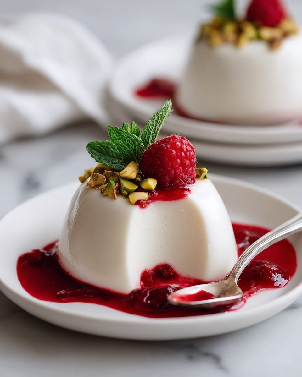 A white, smooth panna cotta dessert shaped like a small dome sits on a white plate with a thin red berry sauce dripping down its sides and pooling at the base. On top, a single fresh red raspberry is placed with bright green mint leaves and chopped pistachios adding texture and color contrast. A spoon with a portion of panna cotta and red sauce rests on the plate beside the dessert. The background shows another similar dessert blurred softly on a white marbled surface. photo taken with an iphone --ar 4:5 --v 7