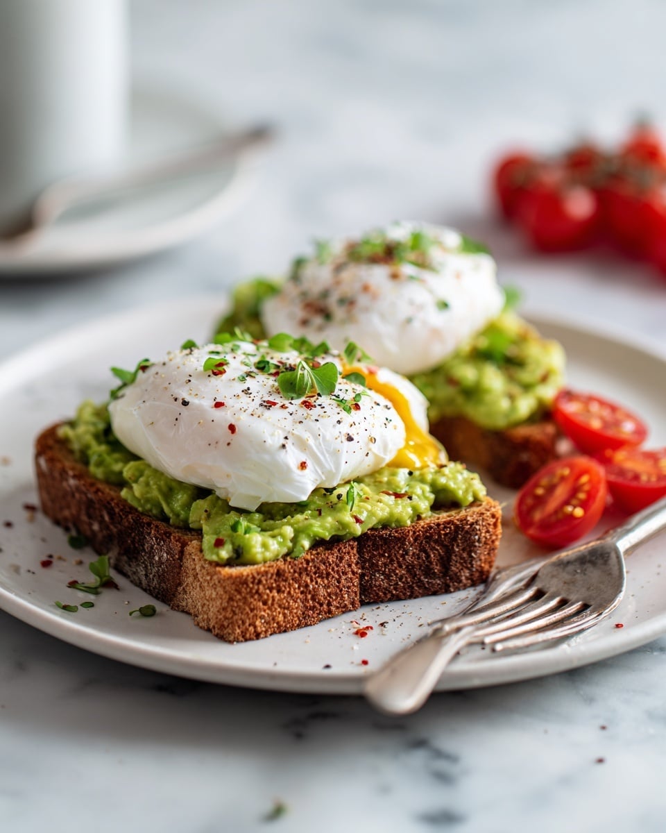 A white plate on a white marbled surface holds a thick, toasted slice of brown bread as the bottom layer, topped with a green avocado spread that looks smooth with some chunks. On top of the avocado are two white, soft poached eggs with a slightly glossy texture, sprinkled with small bits of black pepper and green herbs. In the background on the plate, there are red cherry tomatoes cut in halves, adding a fresh pop of color. A silver fork rests on the edge of the plate. photo taken with an iphone --ar 4:5 --v 7
