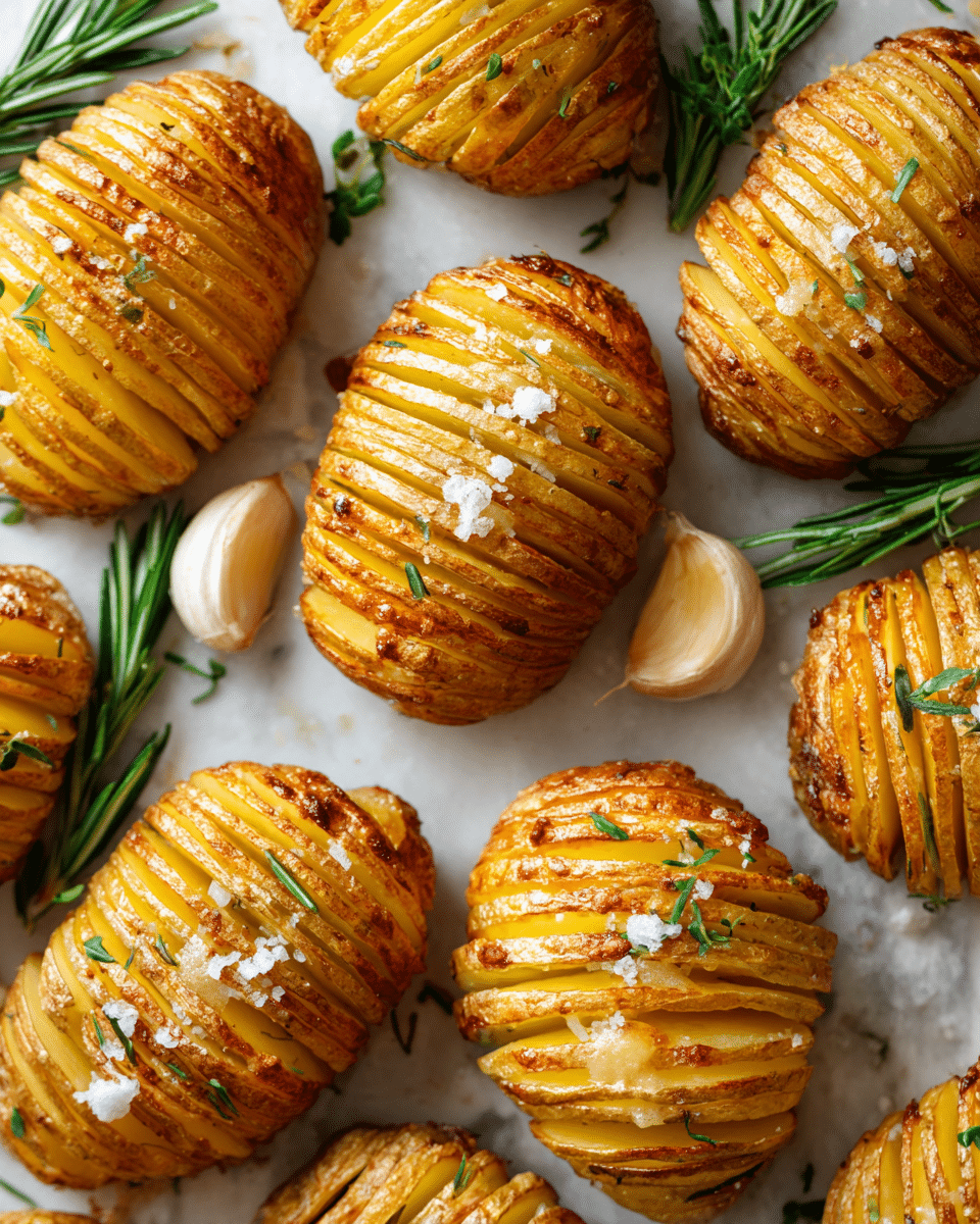 The image shows multiple golden-brown Hasselback potatoes arranged closely together. Each potato has many thin, even slices cut almost all the way through, creating a fan-like appearance with slightly crispy edges. The skin is textured and browned, while the inside layers look soft and yellow. There are small flakes of salt sprinkled on top of the potatoes, and several sprigs of fresh green rosemary placed around them. A few garlic cloves with their skins on are visible near the potatoes. The surface is a white marbled texture that adds a clean look to the arrangement. photo taken with an iphone --ar 4:5 --v 7