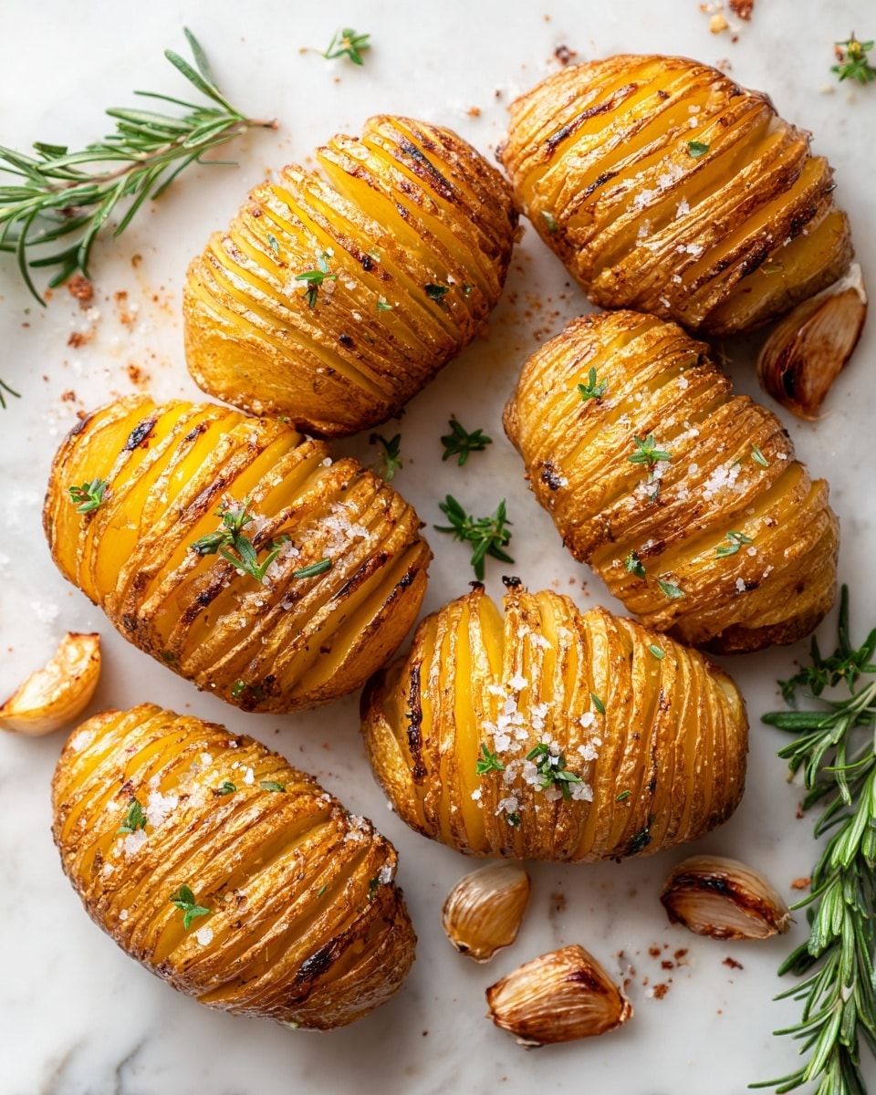 The image shows five golden brown hasselback potatoes with many thin layers, each potato curved slightly open to reveal the crispy edges and soft inside. The potatoes have a crunchy, textured surface with salt crystals sprinkled on top and small sprigs of fresh green rosemary placed around and on the potatoes for decoration. Scattered about are some roasted garlic cloves with brown charred skin. The food is placed on a white marbled surface that enhances the warm colors of the potatoes and herbs. photo taken with an iphone --ar 4:5 --v 7