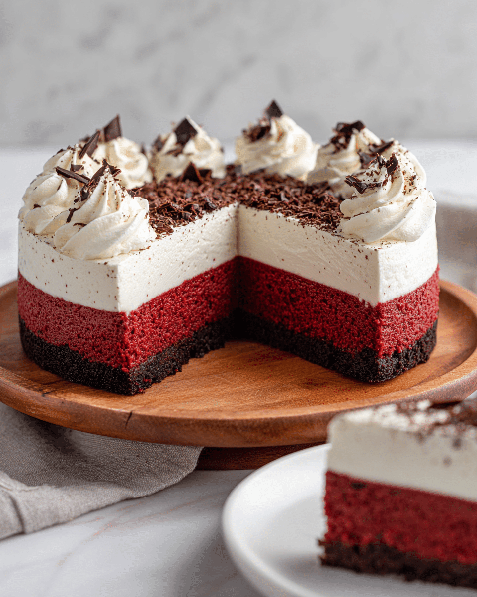 The dessert is a three-layer cake placed on a round wooden stand against a white marbled texture. The bottom layer is dark brown and crumbly, resembling a cookie crust. The middle layer is thick, smooth, and bright red, with a clean and glossy finish. The top layer is a generous swirl of white whipped cream with soft, fluffy texture, sprinkled evenly with thin dark chocolate shavings. A small slice of the cake is visible in the foreground on a white plate. photo taken with an iphone --ar 4:5 --v 7