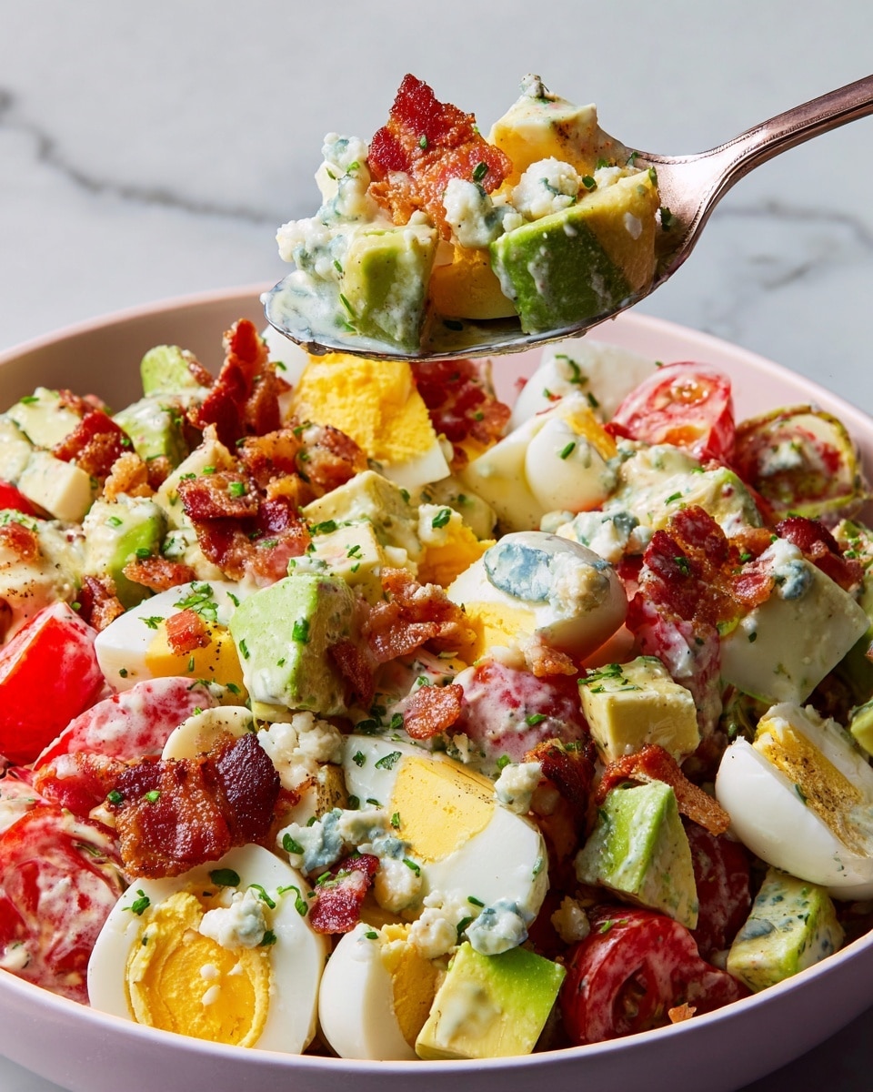The image shows a close-up of a white bowl filled with a colorful salad made of several layers: large chunks of boiled egg with bright yellow yolks and white edges, crispy bacon pieces with deep reddish-brown color, halved cherry tomatoes showing their juicy red interior, light green avocado cubes, and sprinkled bits of blue cheese in creamy light blue and white. The salad is mixed with a creamy dressing and finely chopped green herbs on top. A spoon with a mix of these ingredients is held above the bowl against a white marbled background. Photo taken with an iphone --ar 4:5 --v 7