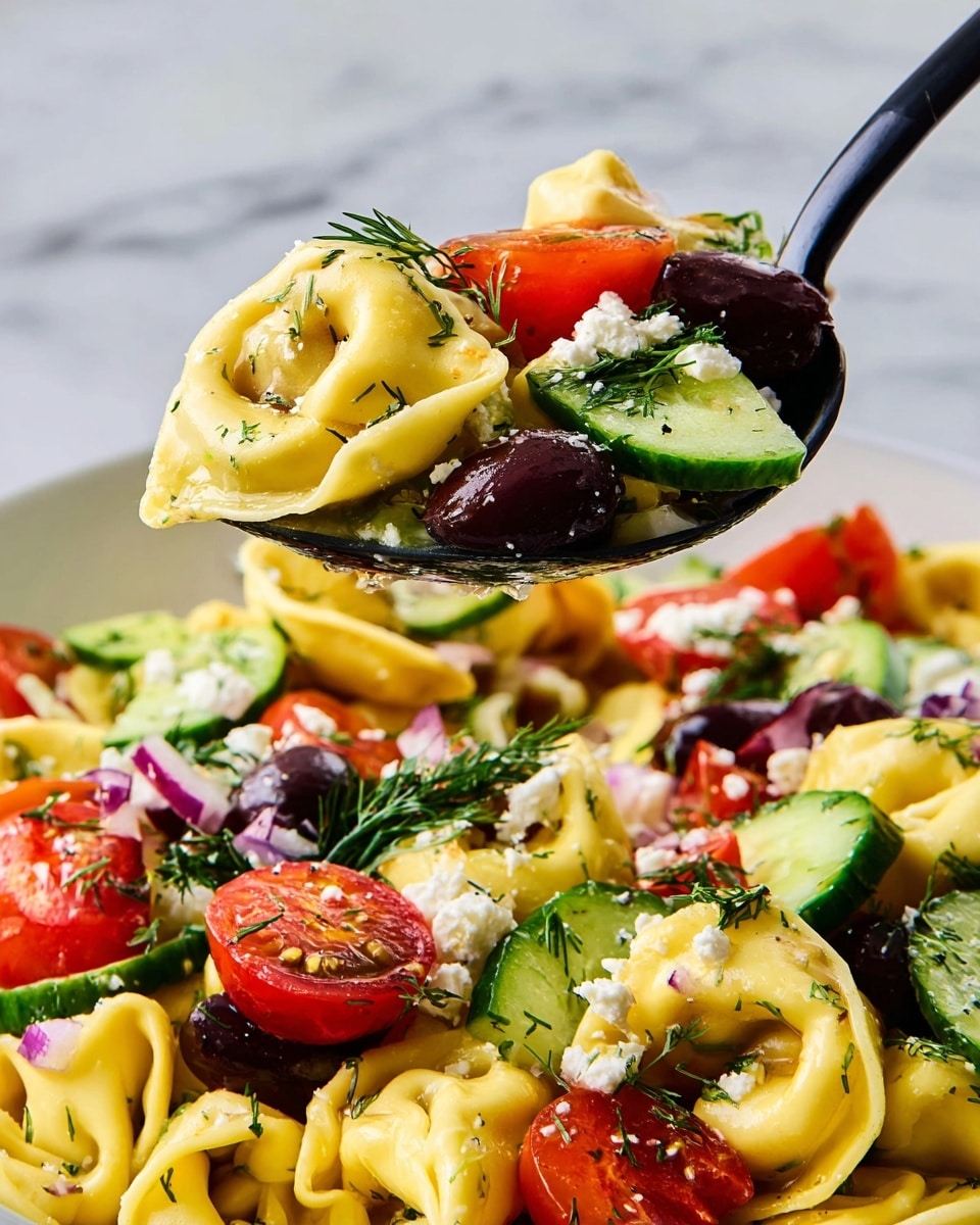 A close-up of a colorful tortellini salad on a white marbled surface, with a black spoon lifting a bite. The salad has three main layers: small yellow tortellini pasta with a soft texture at the base; bright red halved cherry tomatoes and dark purple olives scattered throughout; and fresh green cucumber slices and sprigs of fresh dill on top. White crumbled cheese is sprinkled evenly over the salad, adding a contrasting texture. The spoon shows a mix of all these elements with a slight shine from a light dressing. Photo taken with an iphone --ar 4:5 --v 7