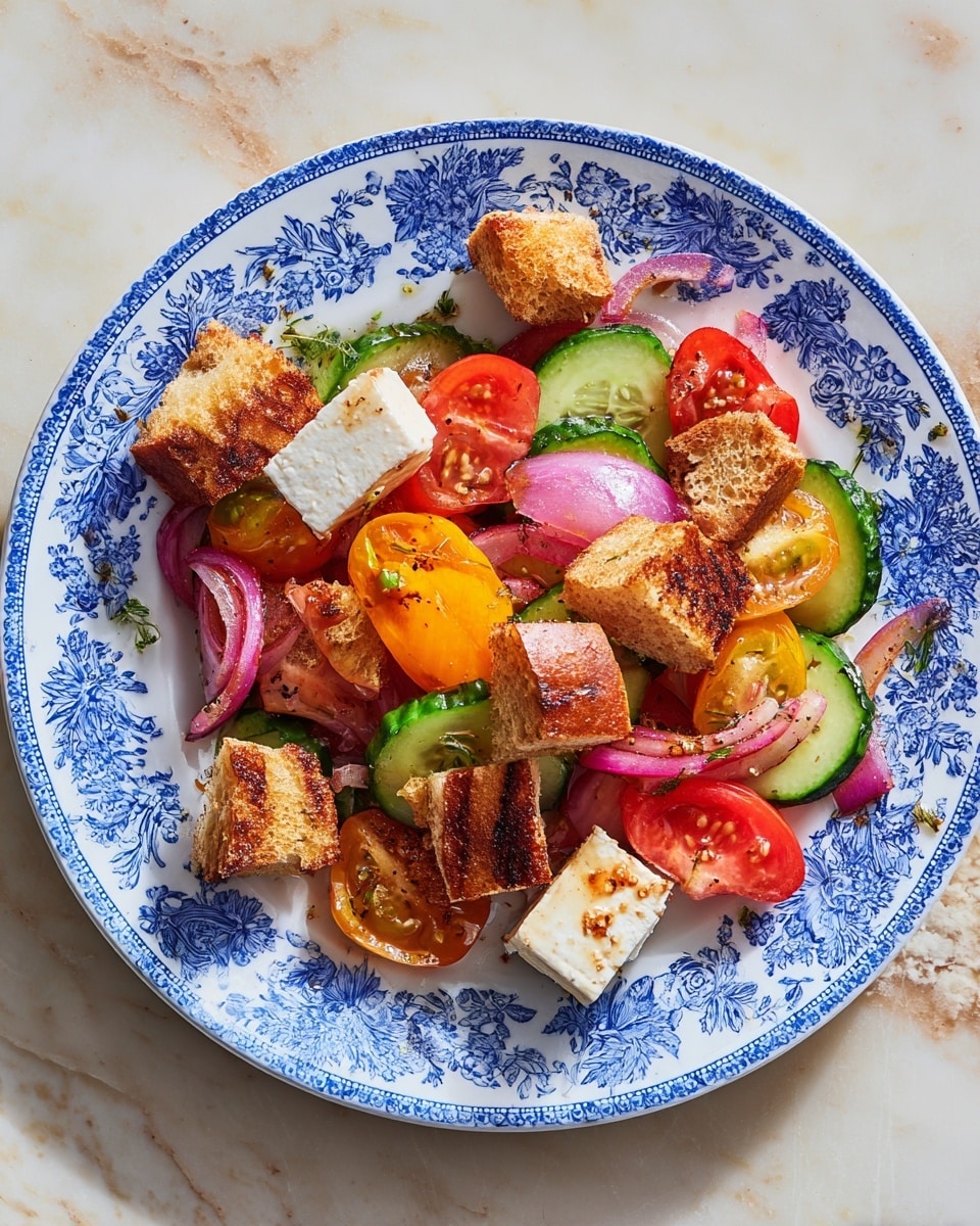 A white plate with blue floral pattern holds a colorful salad made of several layers and pieces: large golden-brown toasted bread cubes with a crusty texture, juicy red and yellow tomato wedges, round slices of green cucumber with dark skin, small chunks of grilled purple onion, and one visible thick white cube of soft cheese with grill marks. The ingredients are mixed evenly, showing a fresh and vibrant look. The plate is placed on a white marbled surface. photo taken with an iphone --ar 4:5 --v 7