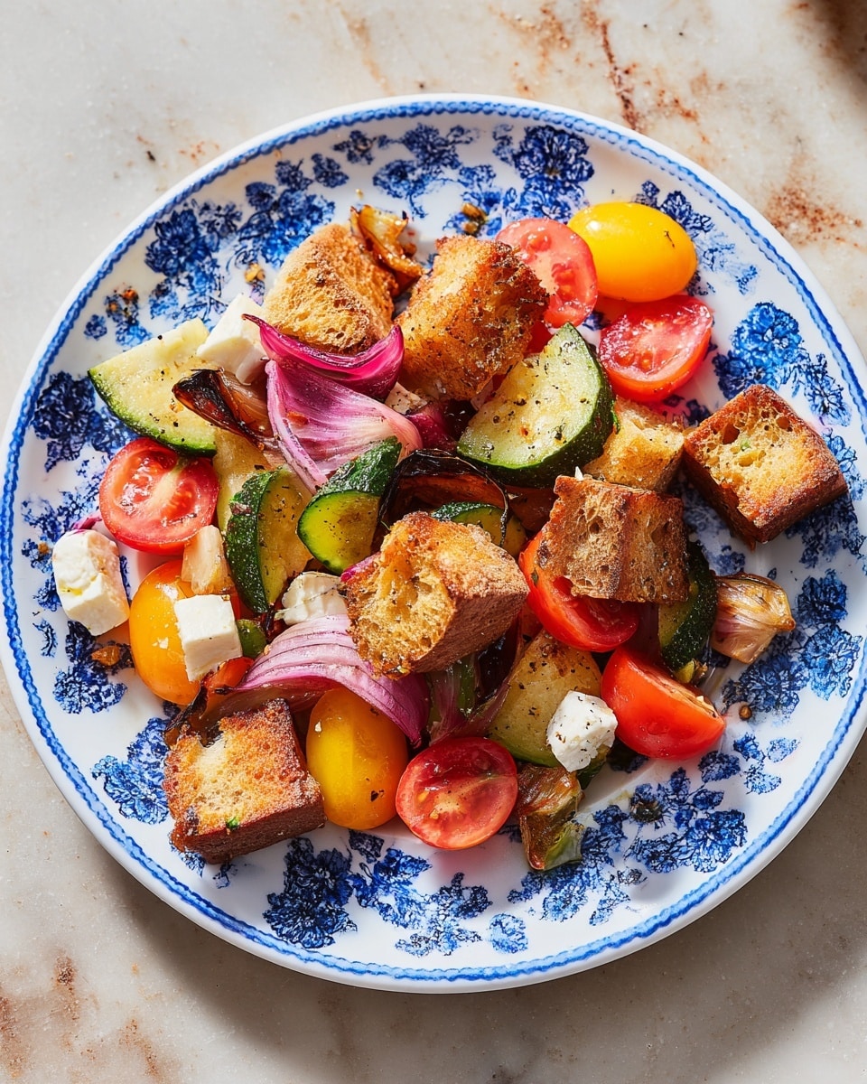 A white plate with a blue floral pattern shows a colorful salad made of large toasted bread cubes with a golden-brown crust, mixed with small pieces of grilled cucumber slices that have charred edges, chunks of grilled red onion with a slightly translucent purple color, bright red and yellow tomato wedges including halved cherry tomatoes showing their juicy seeds, and a few pieces of white, slightly browned cheese cubes. The salad is scattered casually across the plate on a white marbled surface. photo taken with an iphone --ar 4:5 --v 7