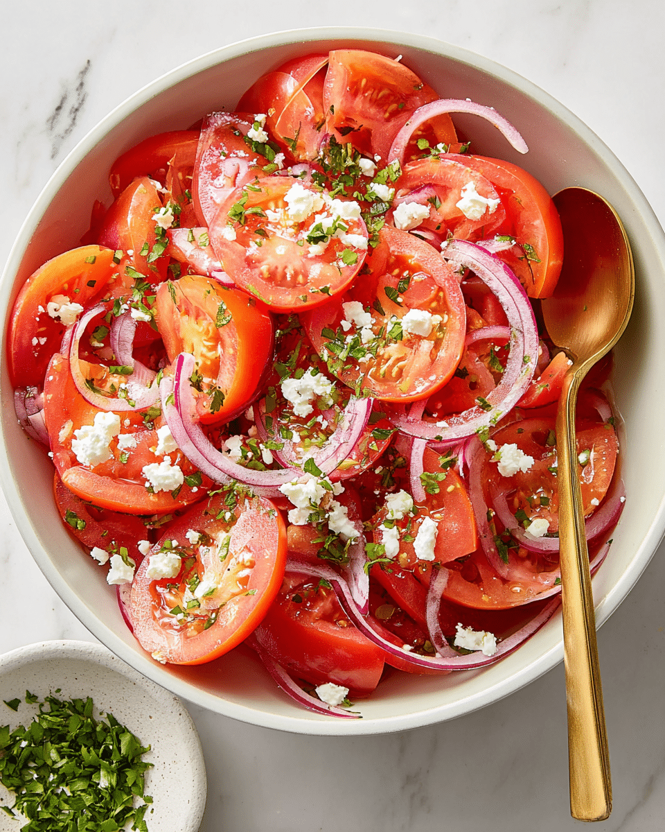 A white bowl filled with a fresh tomato salad showing three main layers: the bottom layer is thick, red tomato wedges, the middle layer consists of thin, long slices of light purple onion, and the top layer has small white crumbles of cheese scattered evenly with finely chopped green herbs sprinkled over all. A golden serving spoon rests partly inside the bowl. The bowl sits on a white marbled surface next to a small white dish with chopped green herbs. Photo taken with an iphone --ar 4:5 --v 7