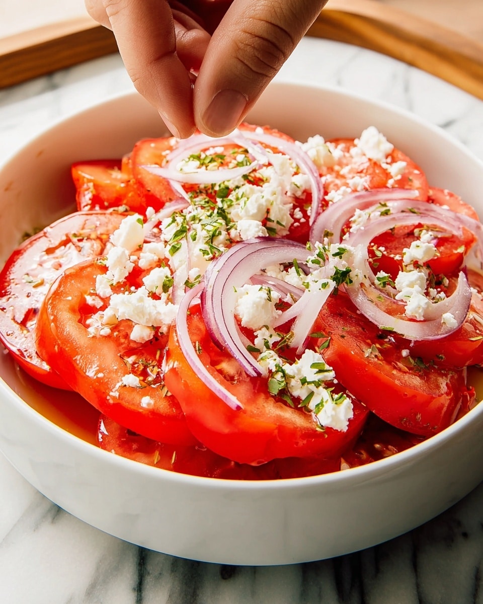 A white bowl filled with several thick slices of bright red tomato arranged closely, topped with thin pale purple onion slices and scattered white crumbled cheese. Small pieces of chopped green herbs are sprinkled over the top, while a woman's hand is gently placing some herbs on the salad, adding a fresh touch. The bowl sits on a surface with a white marbled texture. Photo taken with an iphone --ar 4:5 --v 7