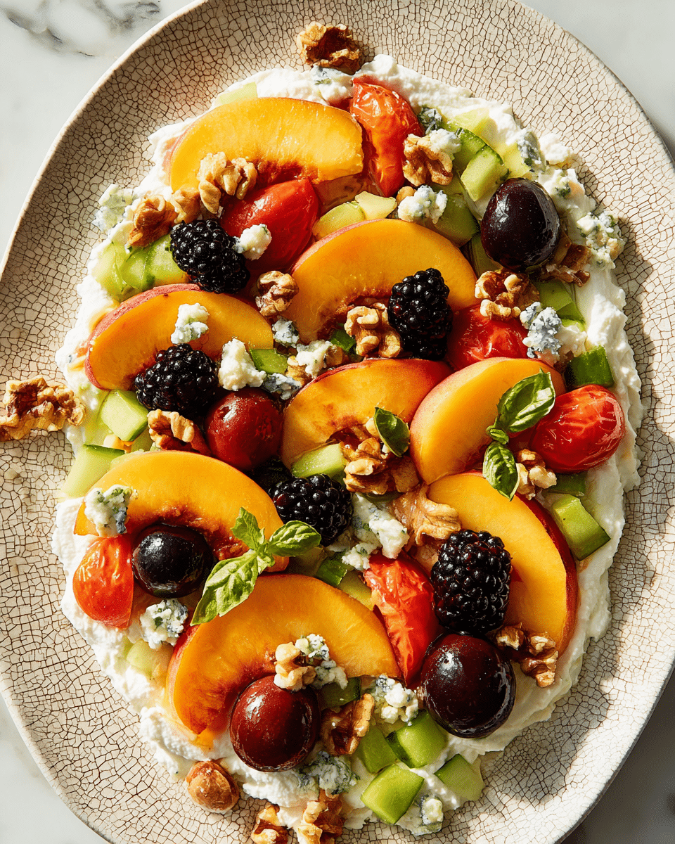The dish is presented on a white plate with a textured, cracked pattern. The bottom layer is a spread of smooth white ricotta cheese covering the whole plate. On top, there are thin, curved slices of yellow-orange peaches evenly placed, mixed with bright red halved cherry tomatoes. Scattered around are dark purple blackberries, small green olive pieces, and cubed cucumber bits adding a fresh green color. Crumbled blue cheese pieces and chopped walnuts are sprinkled across the fruit and vegetables. Small green basil leaves are also spread in between for a touch of brightness. The dish rests on a white marbled surface. Photo taken with an iphone --ar 4:5 --v 7