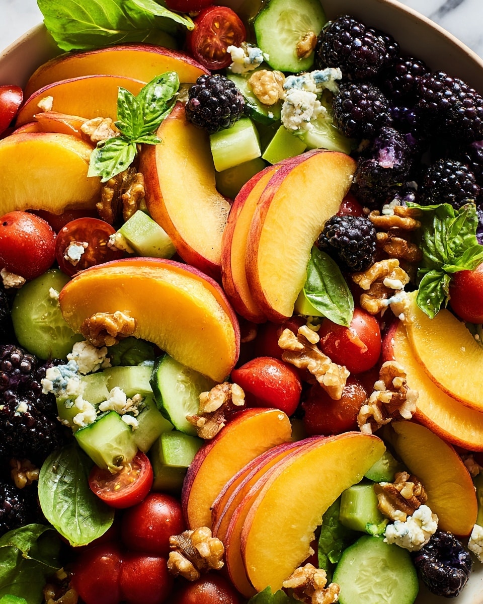 A fresh salad with many clear layers shows peach slices with soft yellow and red skin on top, dark purple blackberries, small bright red cherry tomatoes cut in halves, light green cucumber pieces, fresh green basil leaves, crumbly white and blue cheese bits scattered over, and crunchy brown walnut pieces mixed in. All ingredients are close together and brightly colored, creating a rich and fresh look against a white marbled background. photo taken with an iphone --ar 4:5 --v 7