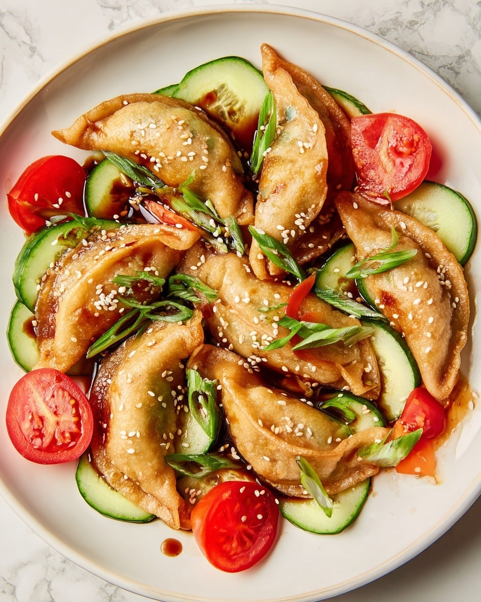 A white plate holds eight golden-brown fried dumplings arranged in a circle with their curved edges facing inward. Between and under the dumplings, bright green cucumber slices and red tomato wedges add fresh color. A dark glossy sauce is drizzled over the dumplings and some vegetables, sprinkled with white sesame seeds. Thin green onion slices are scattered on top, adding a touch of freshness. The plate is set on a white marbled surface. photo taken with an iphone --ar 4:5 --v 7