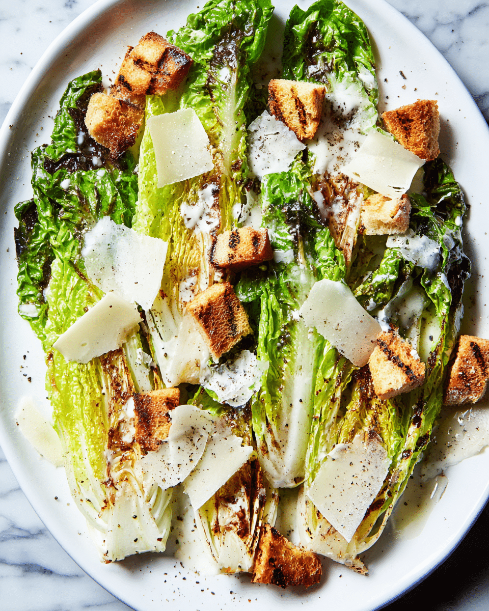 A white plate holds a grilled romaine salad composed of three main layers: the base layer consists of bright green grilled romaine halves with charred edges, the middle layer has golden brown grilled bread chunks scattered across the lettuce, and the top layer features thin, irregular slices of pale yellow cheese with a creamy dressing drizzled over all the layers. The dish is lightly sprinkled with cracked black pepper, all placed on a white marbled surface. photo taken with an iphone --ar 4:5 --v 7