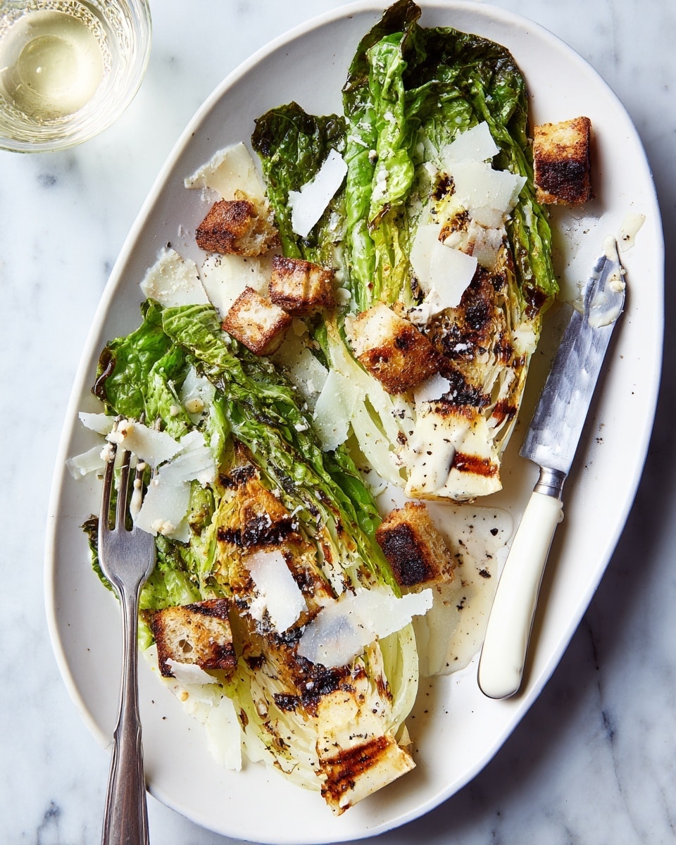 The dish shows two large halves of grilled romaine lettuce with visible char marks on the green leafy tops and white stems, placed on a white oval plate. Scattered over the lettuce are several pieces of toasted dark brown croutons with grill marks, and thin white shavings of cheese resting on top. A creamy light-colored dressing is drizzled unevenly over the lettuce and croutons. To the left side of the plate is a white-handled fork piercing a crouton with a piece of lettuce, and on the right side is a white-handled knife lying flat. The plate sits on a white marbled surface, with a partially visible clear glass of a light-colored drink at the top left corner of the image. Photo taken with an iphone --ar 4:5 --v 7